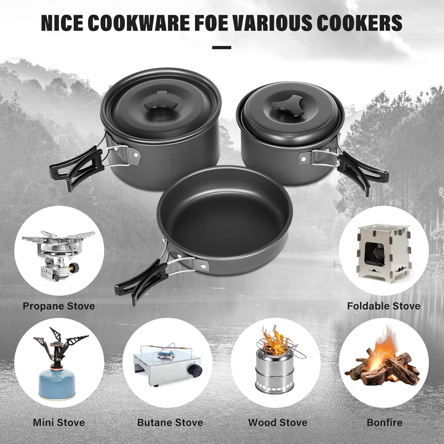 Lixada 10pcs Camping Cookware Mess Kit, Non-Stick Lightweight Stackable Pot Pan Bowls Camping Cooking Set with Storage Bag, Portable Outdoor Cookware Accessories for Backpacking Hiking Picnic - Image 7