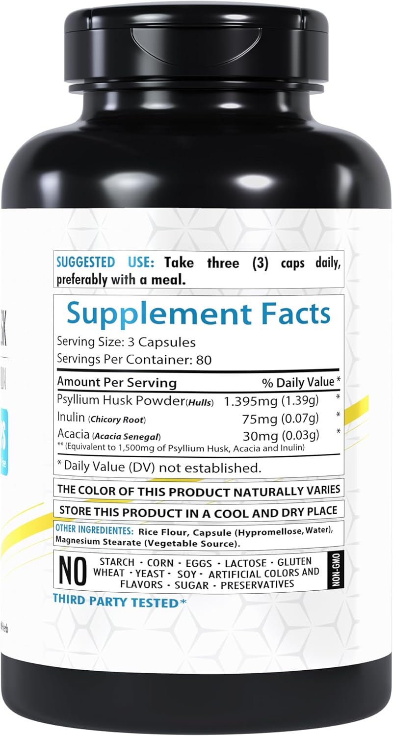 Psyllium Husk Capsules, 1500mg | 240 Veg Capsules | High Fiber Supplement | Gluten-Free | Non-GMO - Image 3