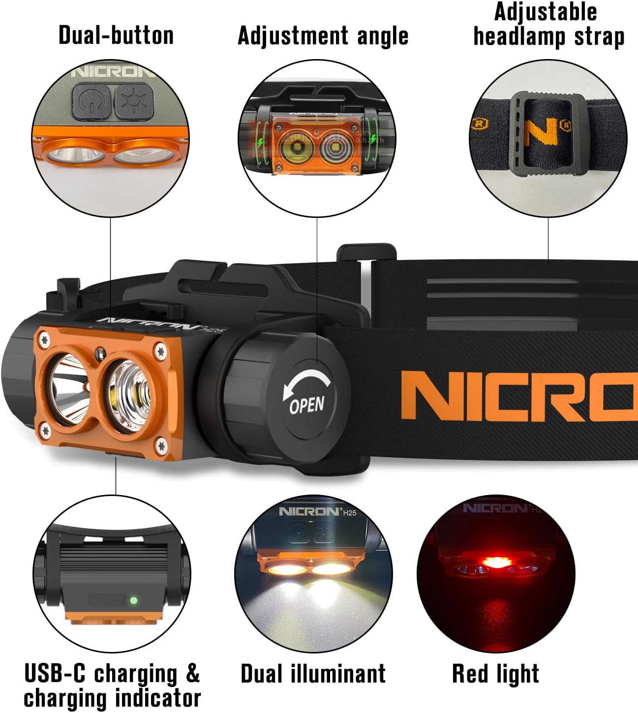 NICRON Headlamp Rechargeable, High Bright 1500 lumens 180° Rotating Aluminum LED Head Lamp with 3 Light Sources 10 Modes Waterproof Head Flashlight H25 for Camping Hunting Running Fishing Biking - Image 3