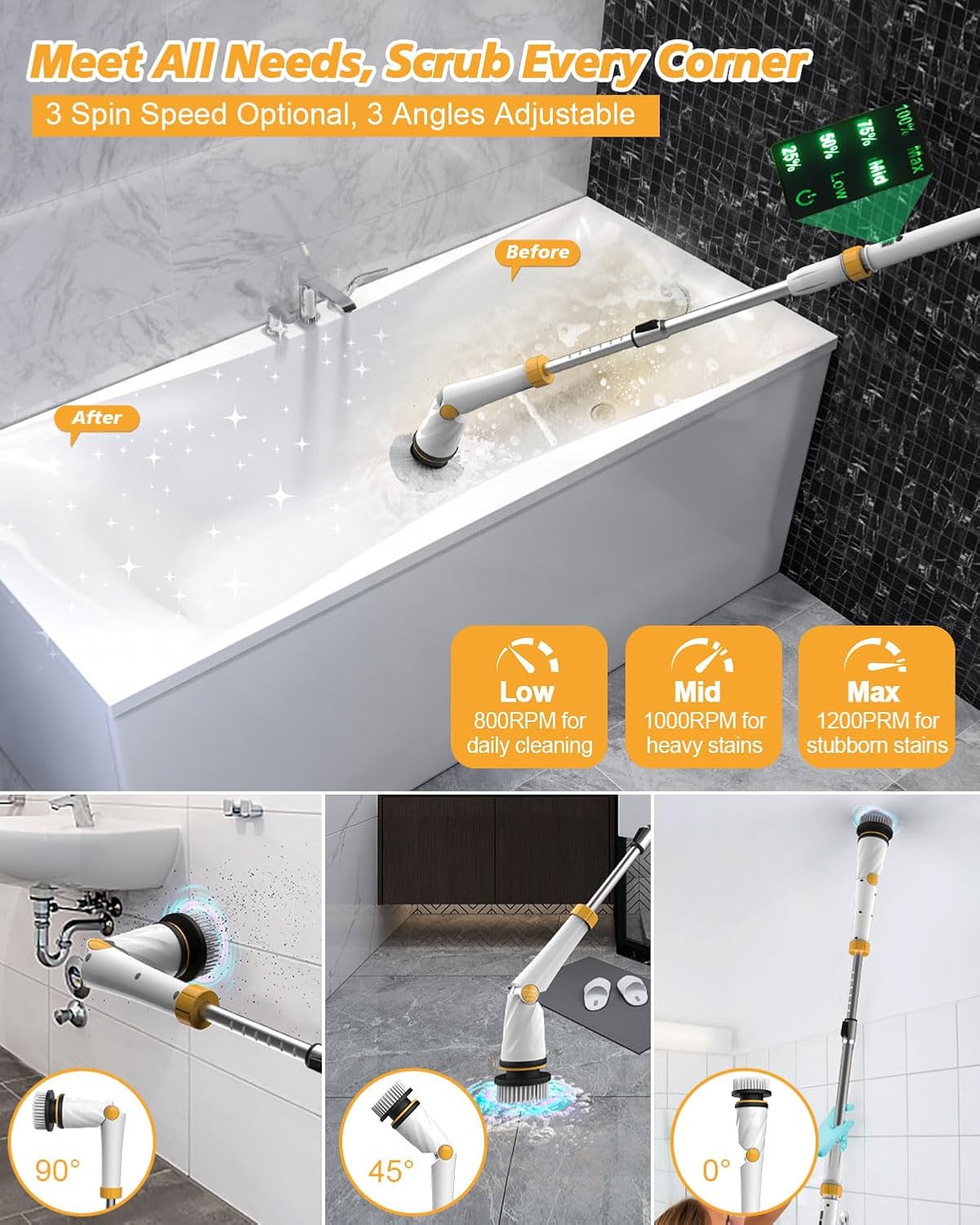 4000mAh Battery Electric Spin Scrubber, 1200 RPM Power Electric Scrubber for Cleaning,3 Speed Adjustable Handle Cordless Shower Cleaning Brush. - Image 4