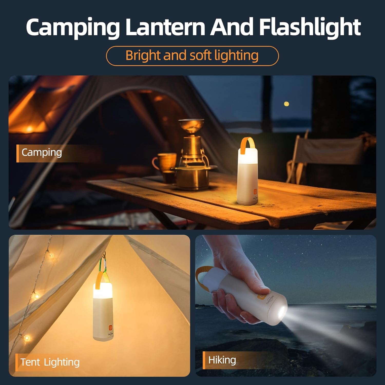 Dawnrise LED Camping Lantern, Up to 350 Hours Rechargeable Camping Light, 4 Modes Outdoor Flashlight Lantern with Red Light, Water Resistant Portable Tent Light for Emergency,Hiking,Hurricane (Yellow) - Image 3