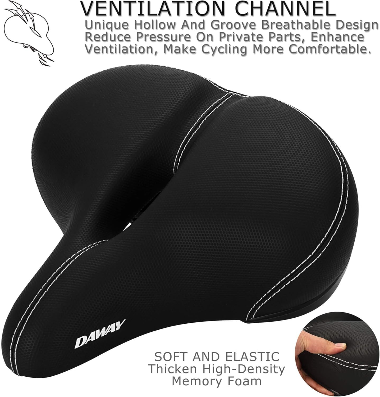DAWAY C30 Comfortable Oversized Bike Seat - Compatible with Peloton, Exercise, Mountain or Road Bikes, Extra Wide Bicycle Saddle Replacement with Memory Foam Cushion for Men Women Comfort - Image 4