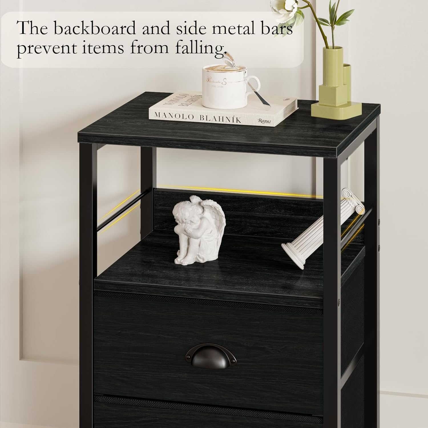 Furologee Nightstands Set 2, End Tables with 2 Fabric Drawers, Bedside Tables with Hooks and Shelf, for Bedroom/Living Room/Study/Black Oak - Image 6