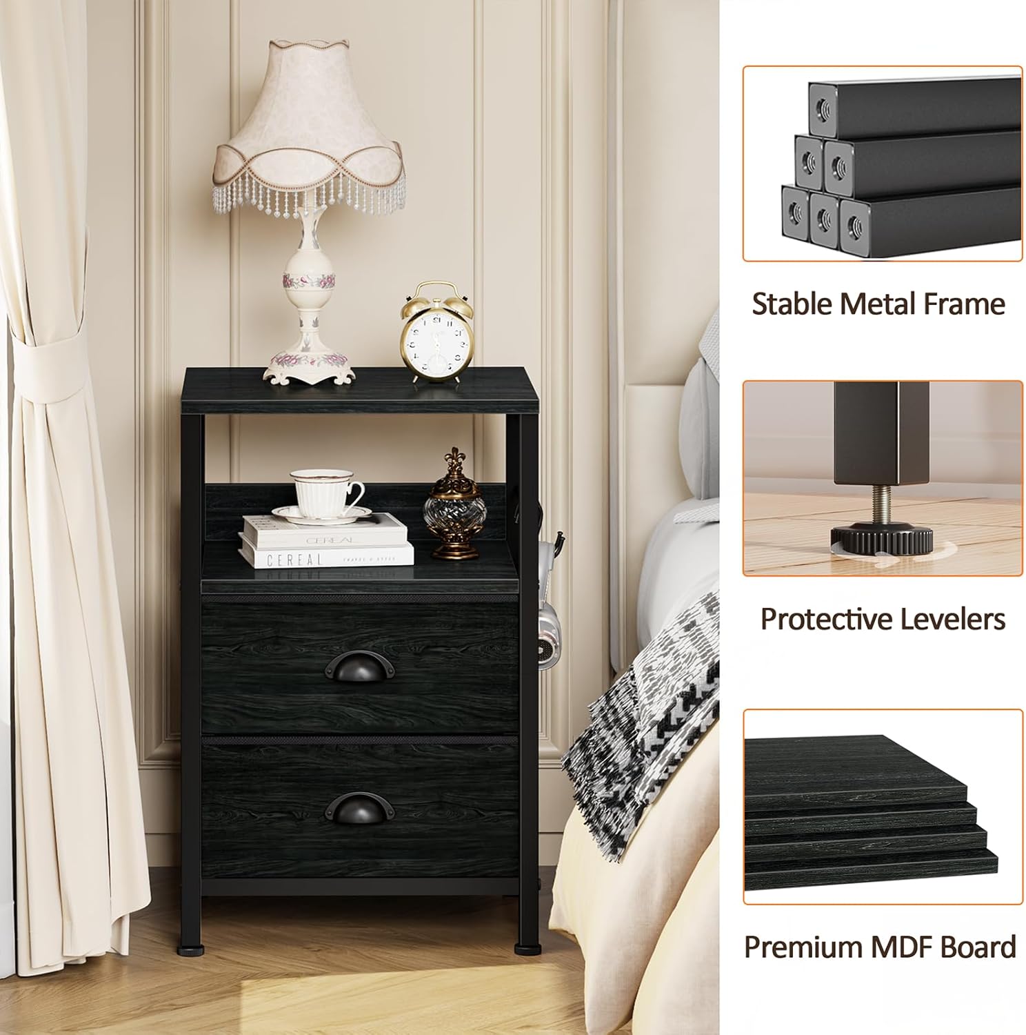 Furologee Nightstands Set 2, End Tables with 2 Fabric Drawers, Bedside Tables with Hooks and Shelf, for Bedroom/Living Room/Study/Black Oak - Image 8