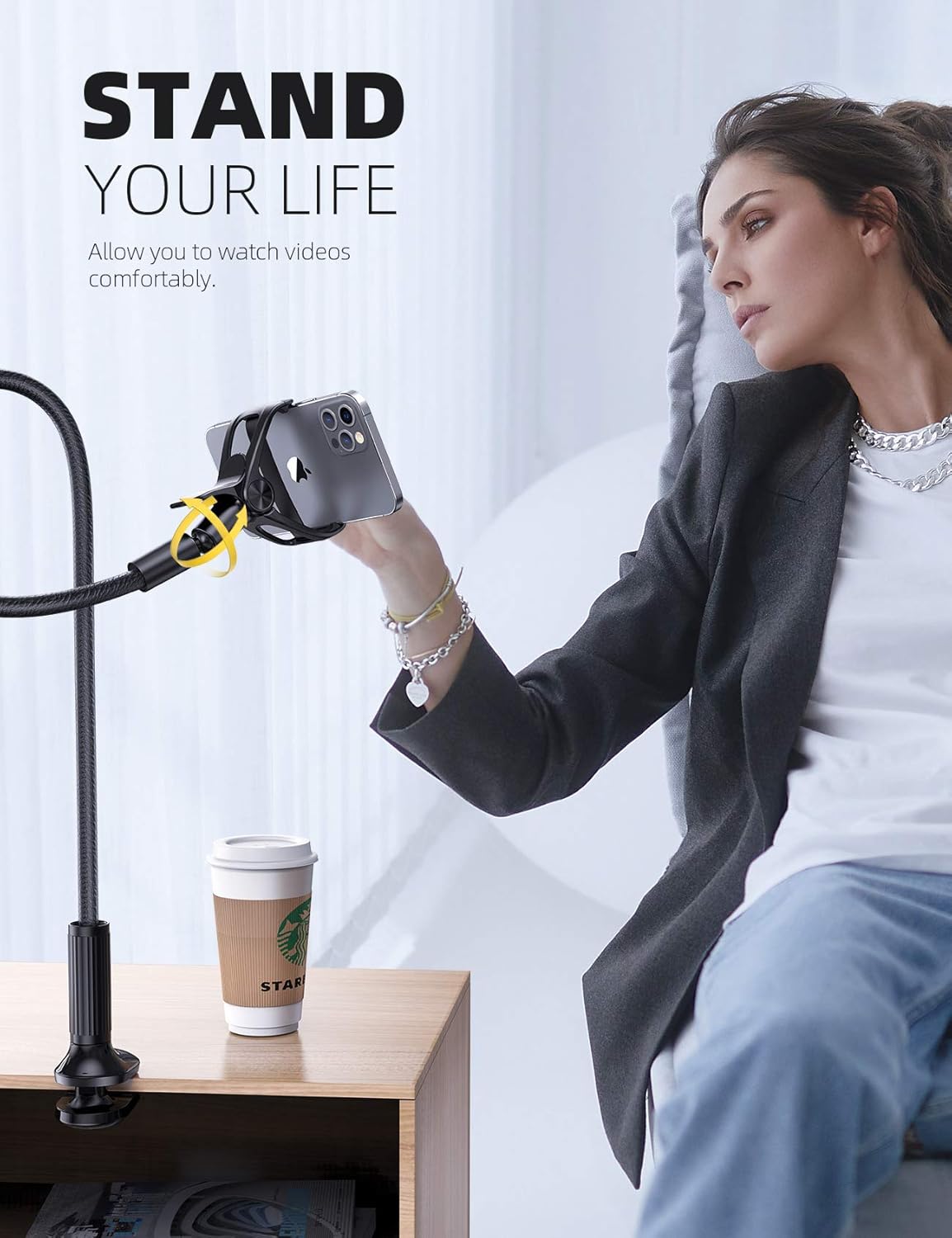 Lamicall Gooseneck Phone Holder for Bed - Overall Length 38.6in, Flexible Leather Wrapped Arm, 360 Adjustable Clamp Clip, Overhead Cell Phone Mount Stand for Desk, Compatible with All Cellphone (4-7”) - Image 3