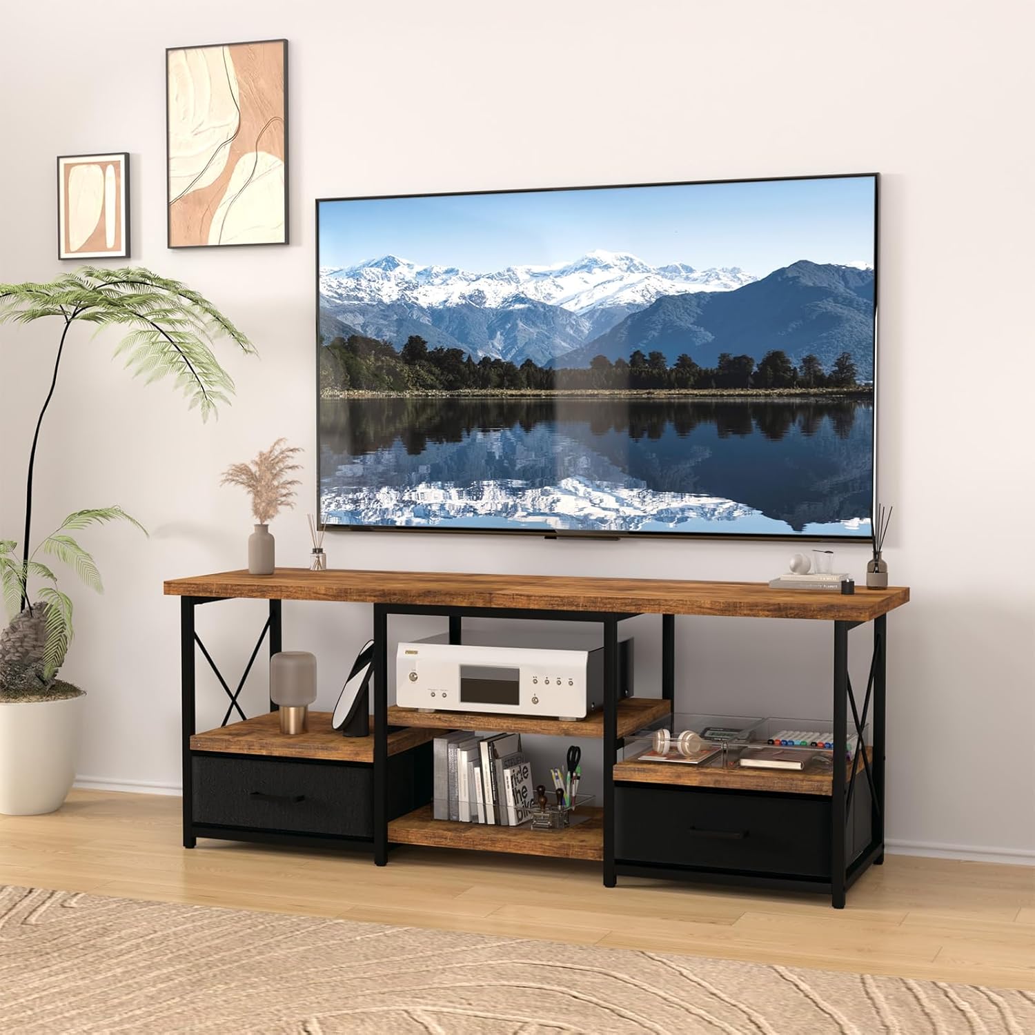 TV Stand with Fabric Drawers for 55 60 65 Inches TV - Modern Entertainment Center with Open Shelves and Cable Management, Industrial Style TV Console for Living Room, Bedroom - Image 2