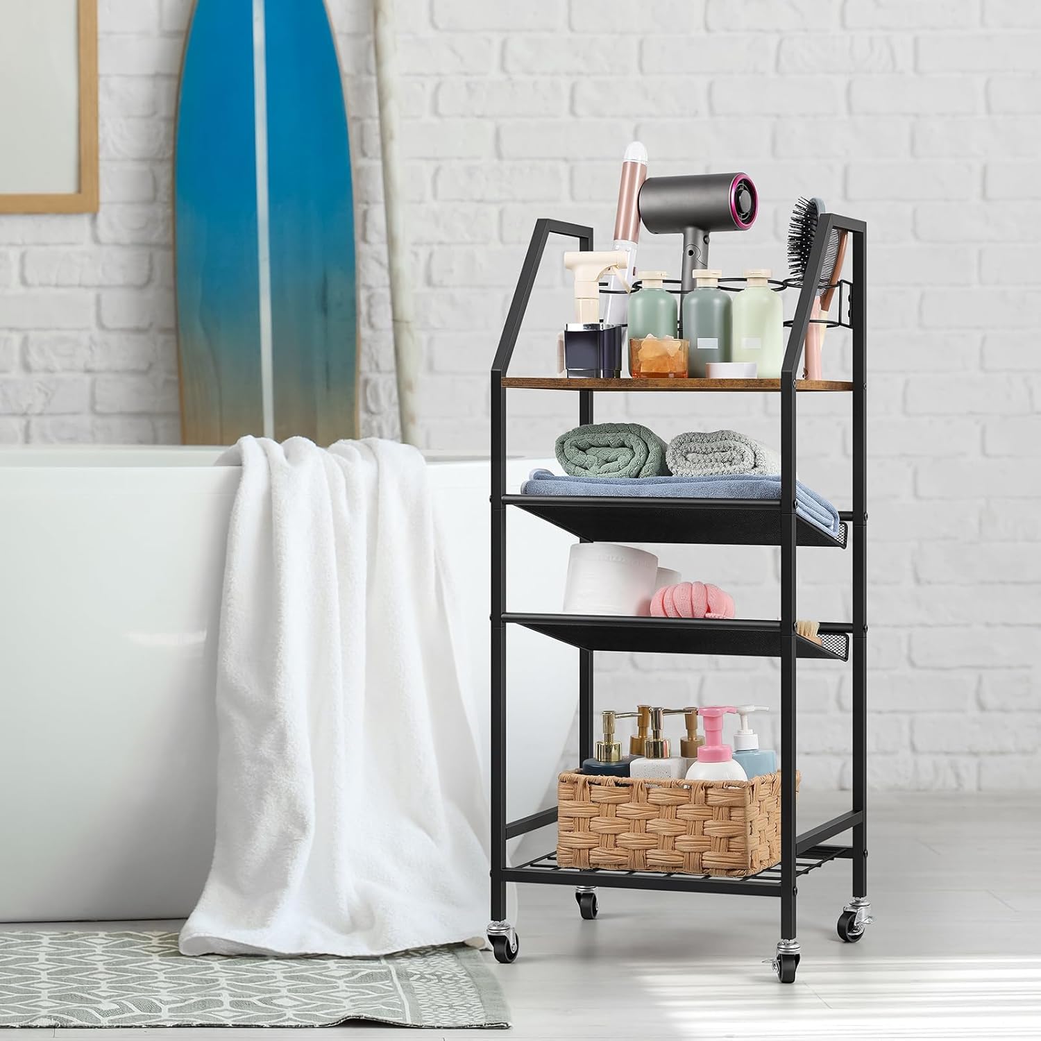 4-Tier Towel Rack Free Standing with Hair Tool Organizer, Durable Metal Bath Towel Holder for Bathroom, Pool Towel Rack, Space-Saving Storage Organizer, Bath Towel Shelf with Wheels, Rustic Brown - Image 9