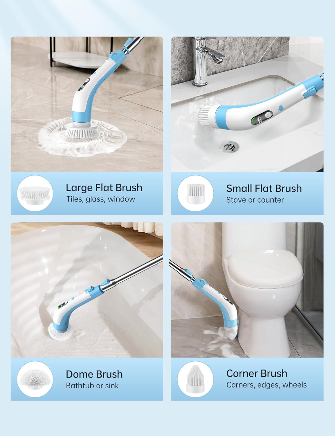 Electric Spin Scrubber with LED Display, IPX7 Waterproof Powerful Shower Scrubber, 2H Runtime, 2 Speeds, Adjustable Handle, 8 Brush Heads for Bathtub Tile Car-Blue and White - Image 7