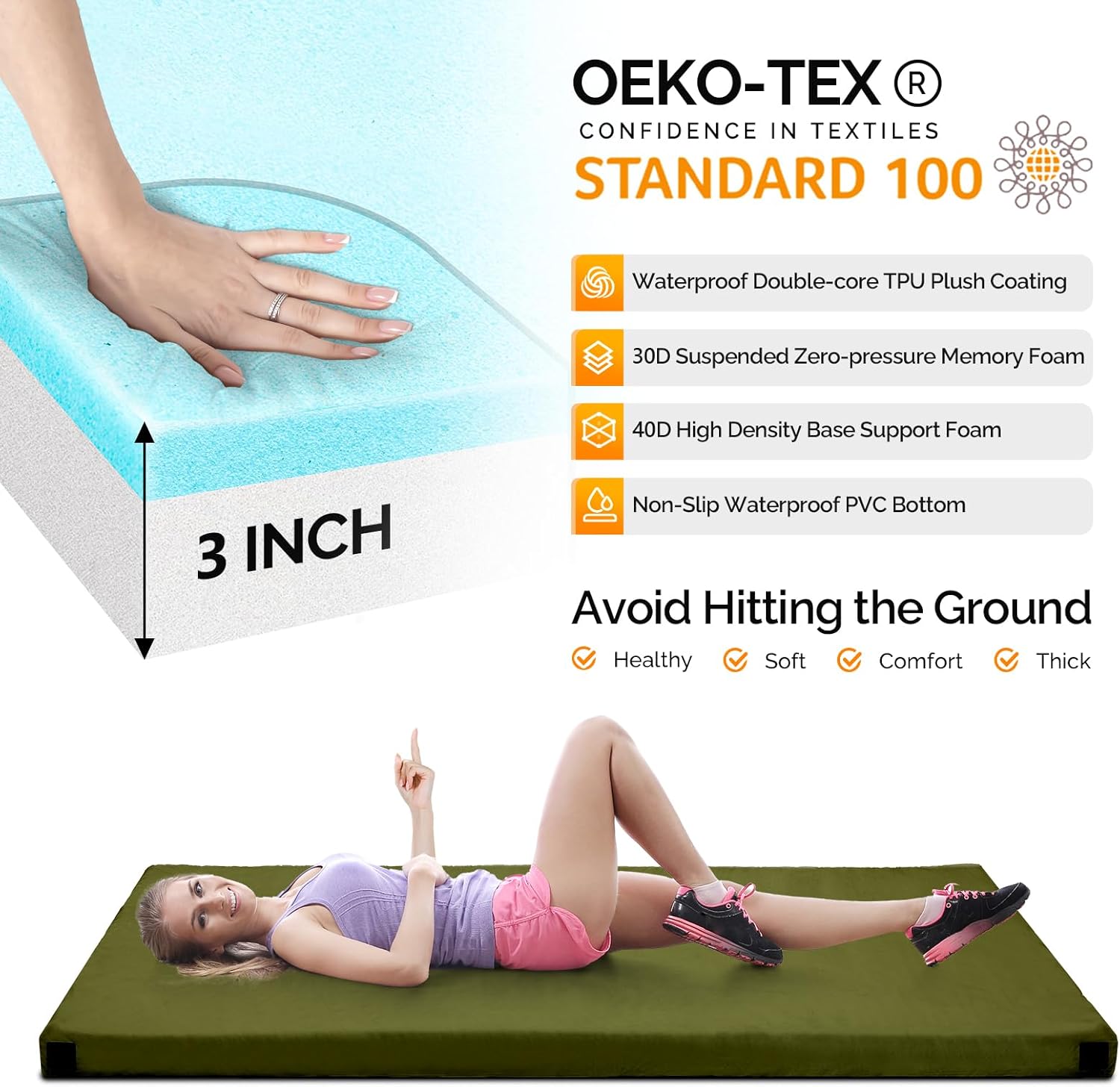 VINGLI 3 "Memory Foam Sleeping Pad Camping Mattress, Portable Floor Mattress Sleeping Mat Bed Roll Up for Guests Adult with Pillow & Phone Pocket - Image 4