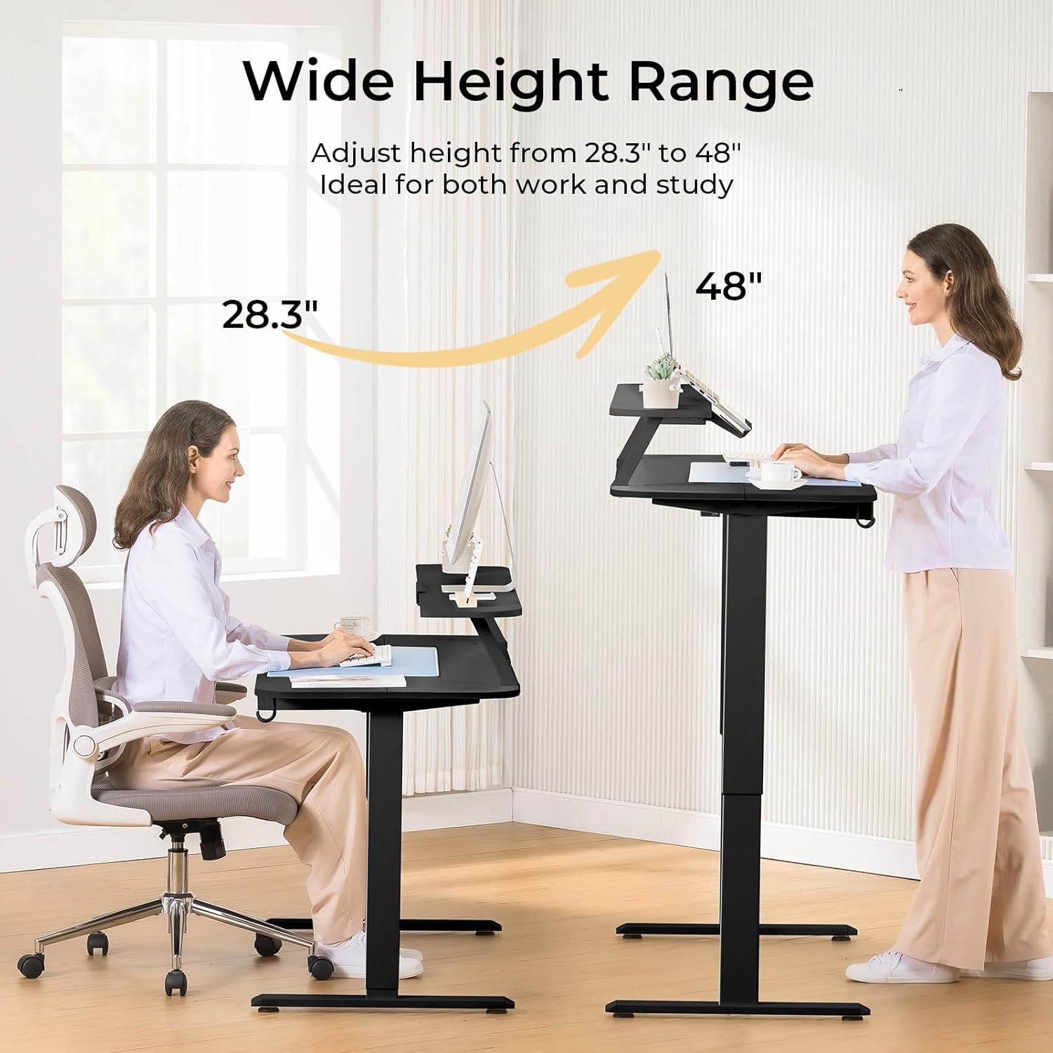 COMHOMA Electric Standing Desk with Drawers, 48 x 24'' Sit Stand up Desk with Monitor Stand, Laptop Stand, Height Adjustable Ergonomic Home Office Computer Desk with Memory Preset Controller (Black) - Image 4