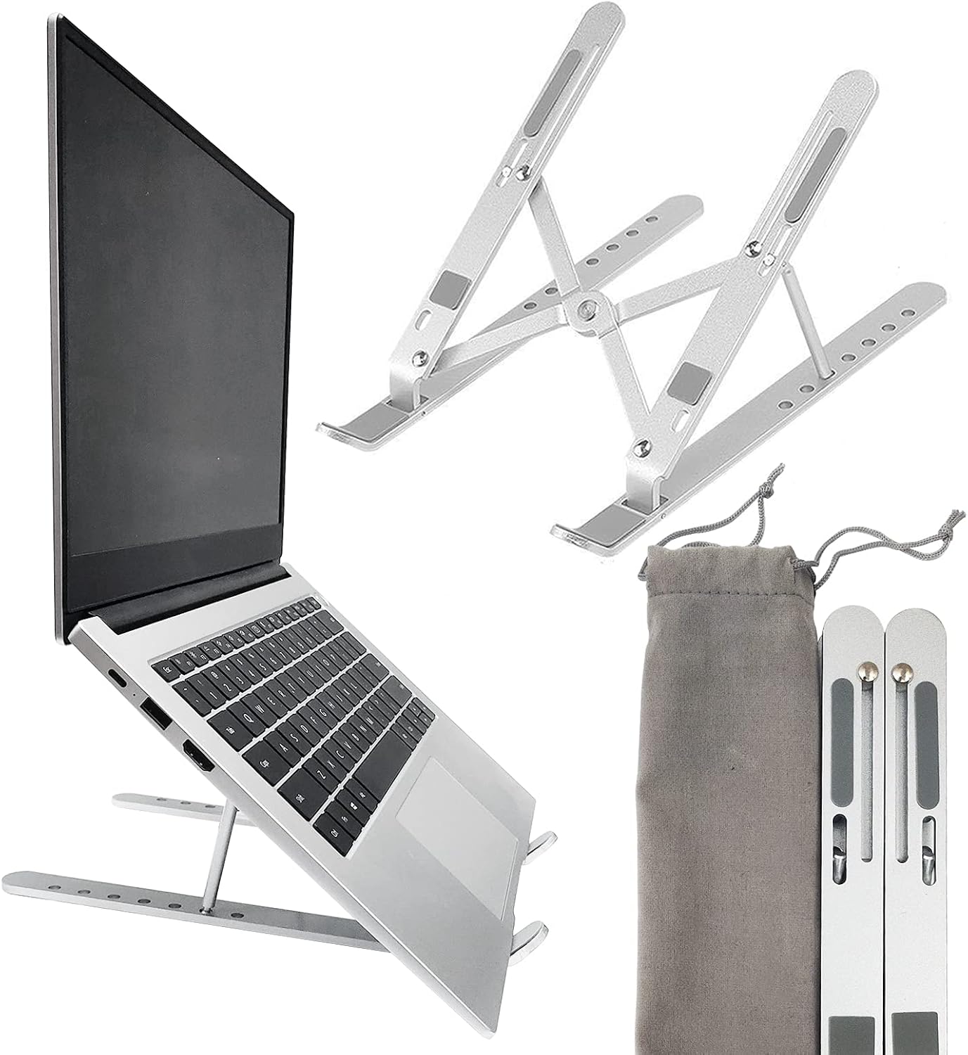 Laptop Stand - Adjustable Ergonomic Aluminum Stand, 7 Angle Anti-Slip, Compatible with 9-15.6 inch Laptops, Silver - Image 2