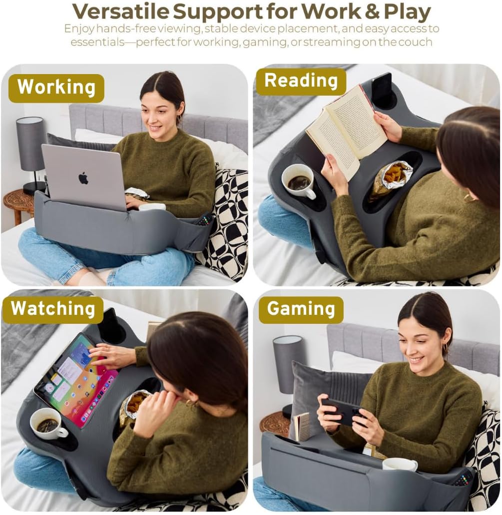 Lap Desk Pillow - Cushioned Lap Pillow for Reading, Gaming, Work & Travel, Soft & Portable Laptop Desk for Bed, Couch, or Car, Ergonomic Support for Laptops & Tablets (Grey) - Image 4