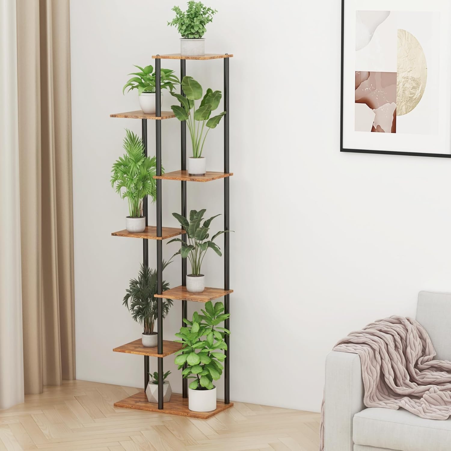 Plant Stand Indoor 7 Tier 8 Potted Metal Wood Plant Shelf, Multiple Flower Pots Corner Tall Plant Holder Stands for Living Room Balcony Bedroom, Rustic Brown - Image 5