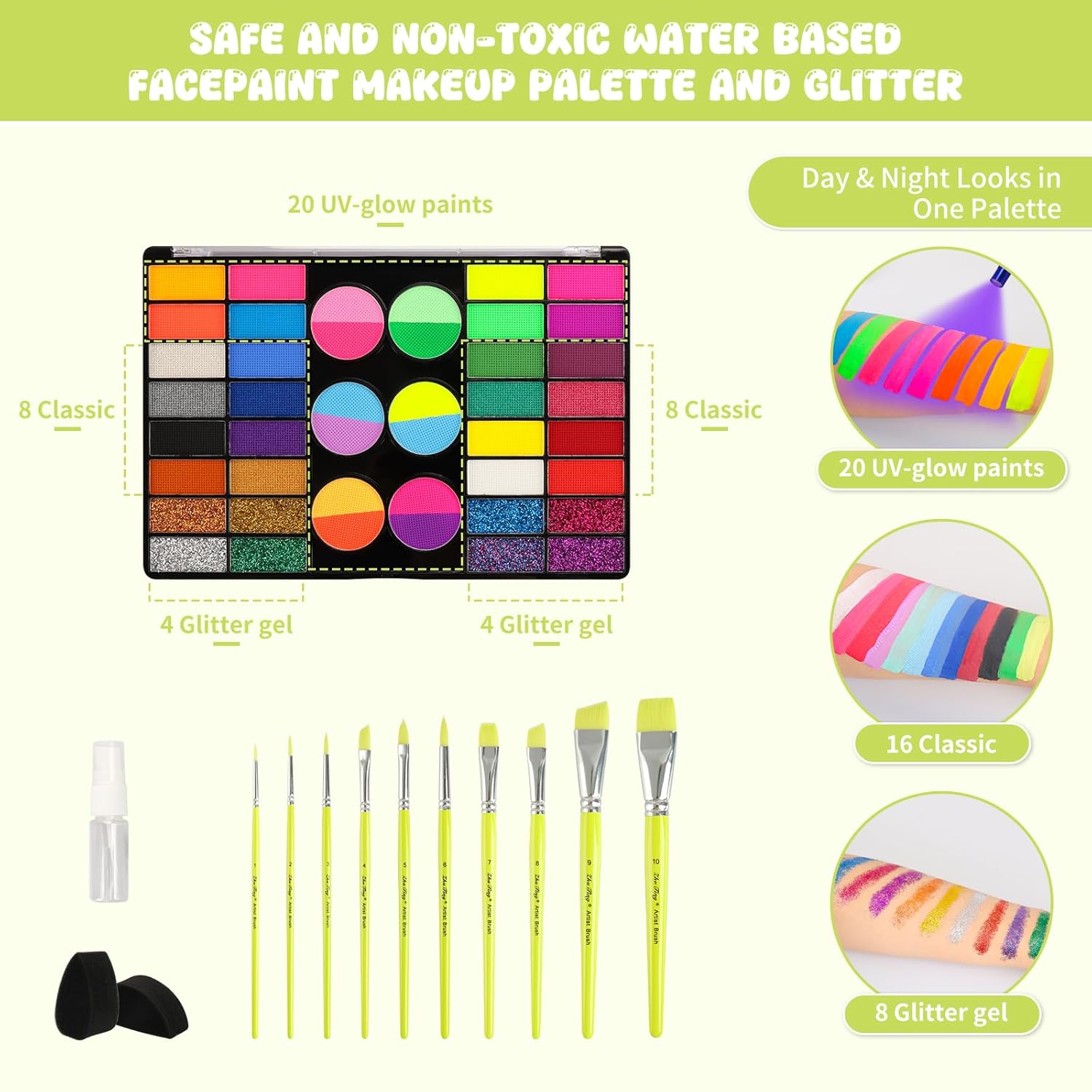 44 Color Face Painting Kit for Kids - Non Toxic Water Activated Face Paint Palette with Stencils, Brushes, Gems & Glitter. Halloween, Carnival, Party; Costume Makeup for Creative Activities - Image 4