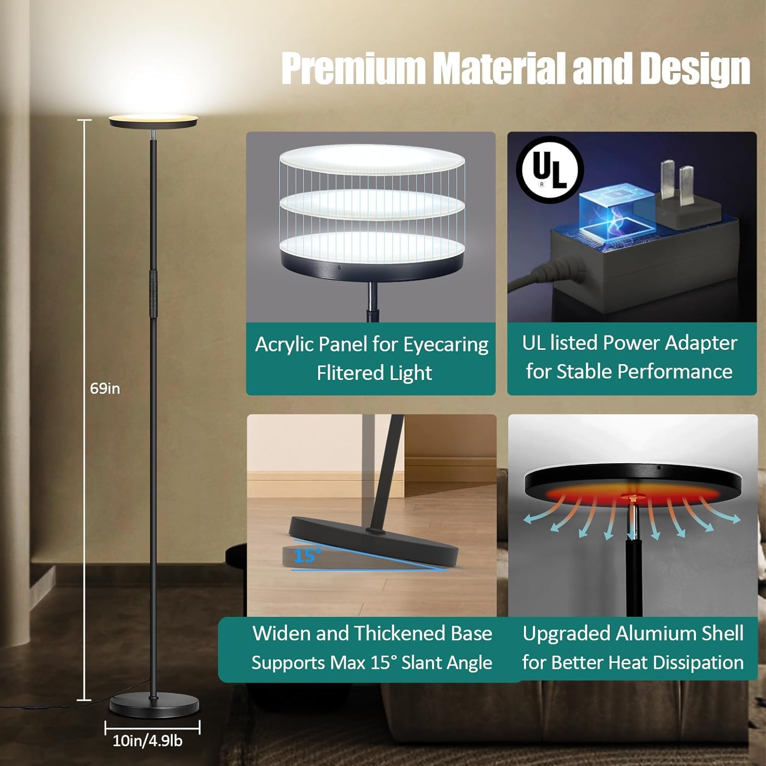 Floor Lamp, Upgraded 40W 4000LM Super Bright Torchiere LED Floor Lamps for Living Room, Stepless Dimmable Color Temperature 2700K-6500K with Remote & Touch Control, Standing Light for Bedroom Office - Image 11