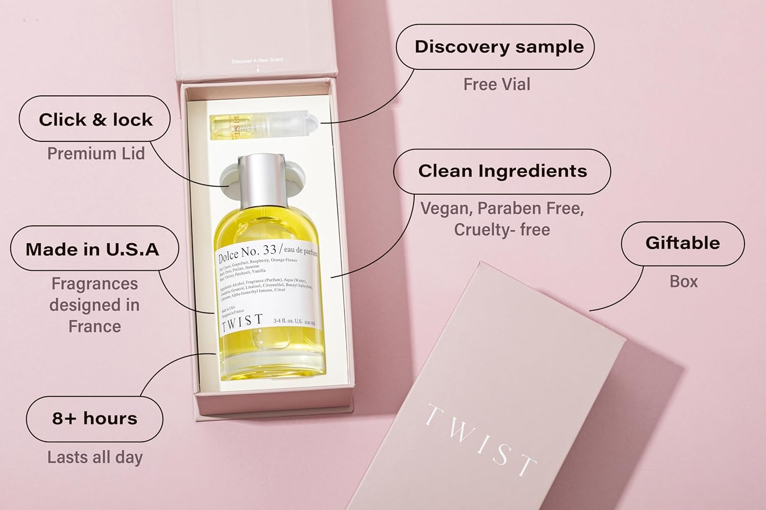 Twist Dolce No. 33 - Eau De Parfum Inspired by La V. E. Belle, Long-Lasting Perfume For Women, Gourmand & Floral, Vegan, Clean Ingredients, Fragrance - Spray 100 ml | 3.4 fl. oz. - Image 4