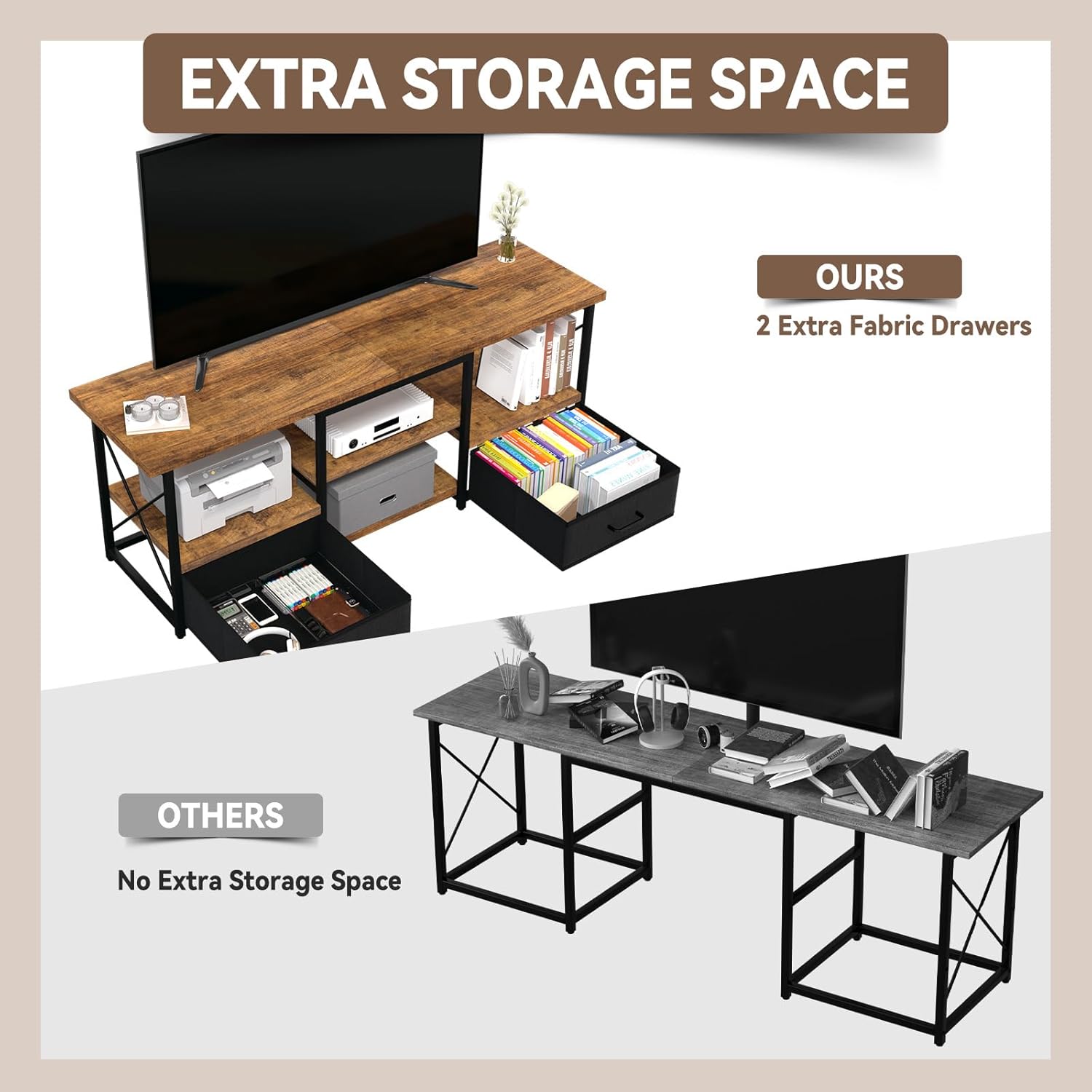 TV Stand with Fabric Drawers for 55 60 65 Inches TV - Modern Entertainment Center with Open Shelves and Cable Management, Industrial Style TV Console for Living Room, Bedroom - Image 4