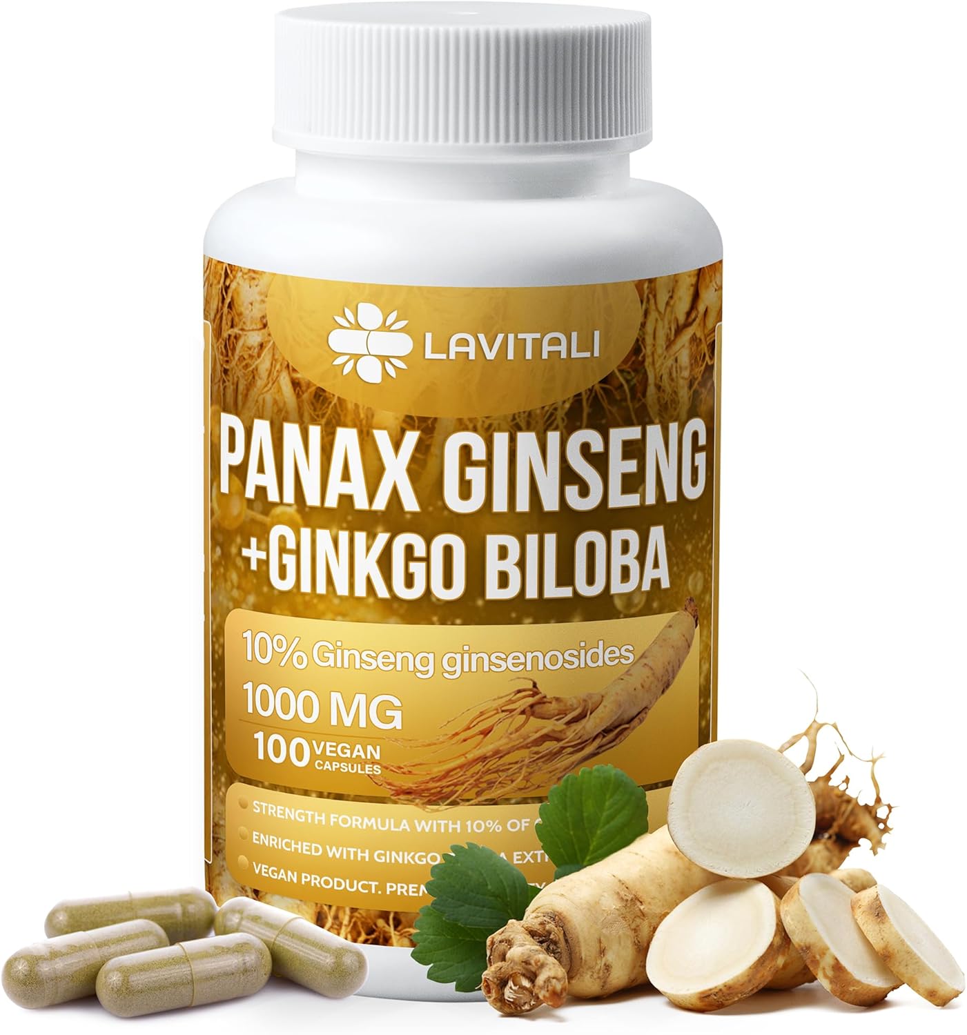 Ginseng & Ginkgo Biloba 100 Veggie Capsules, Energy Ginseng Root Extract Powder, with Ginkgo Biloba Extract, 100% Natural & Non-GMO, Vegan, Gluten Free, Dairy Free - Image 2