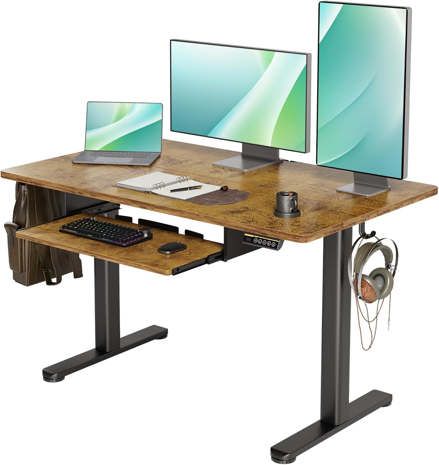 YDN Standing Desk with Keyboard Tray, 48 Inch Height Adjustable Desk, Brown Stand Up Desks for Home and Office, 48inch Rustic Brown - Image 2