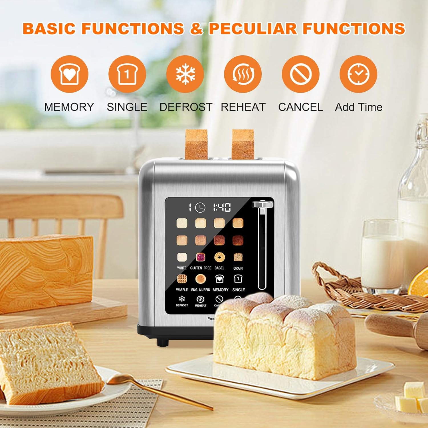 2 Slice Toaster Touch Screen, Stainless Steel Toasters Digital Timer 2 Slot Toasters, 8 Shade Settings 6 Bread Types for Bagel, Cancel, Defrost(Stainless Steel) - Image 8