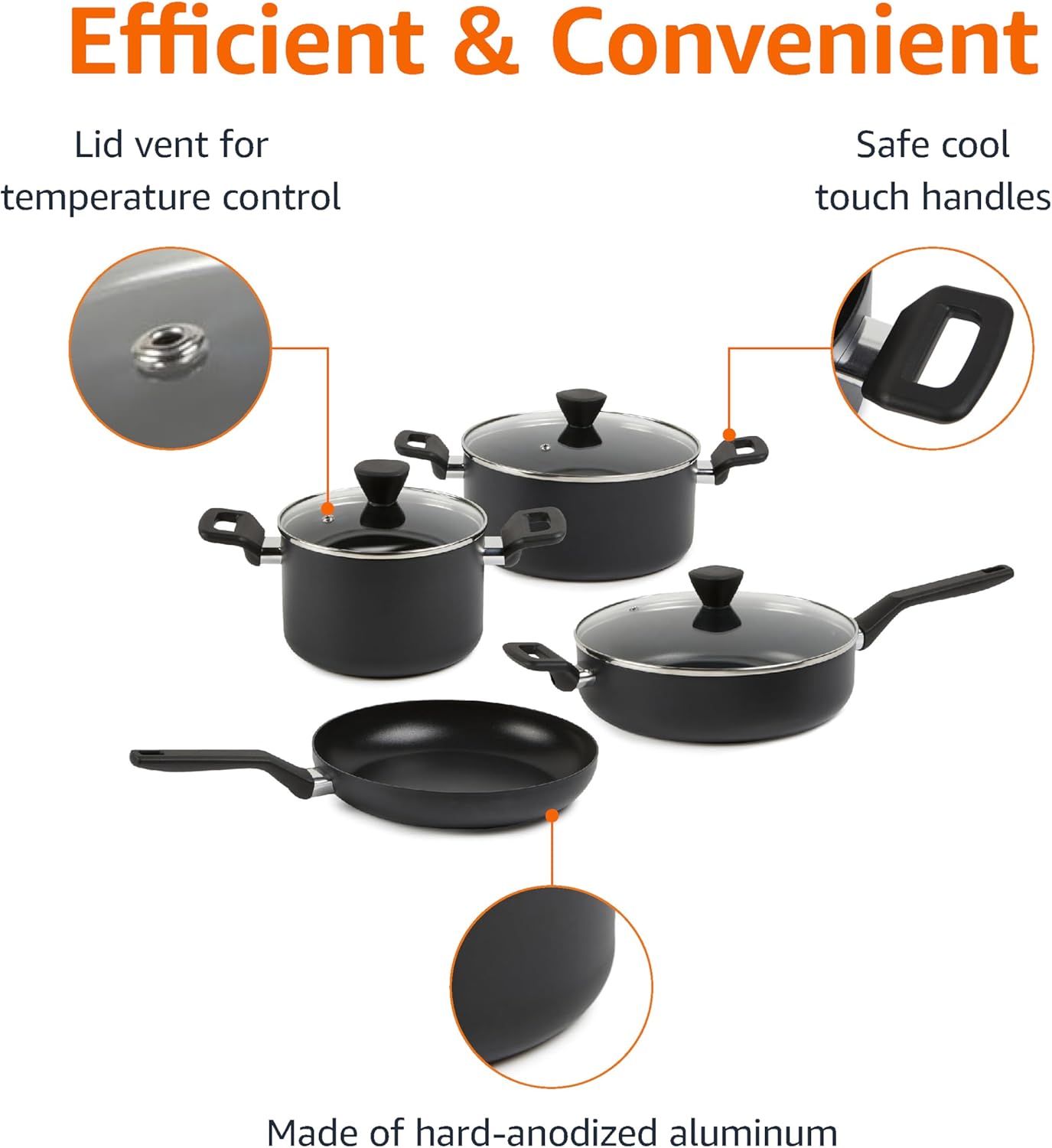 Amazon Basics 10 -Piece Hard Anodized Non-stick Stackable Cookware Pots and Pans Set, Space Saving, made without PFOA, Black - Image 3
