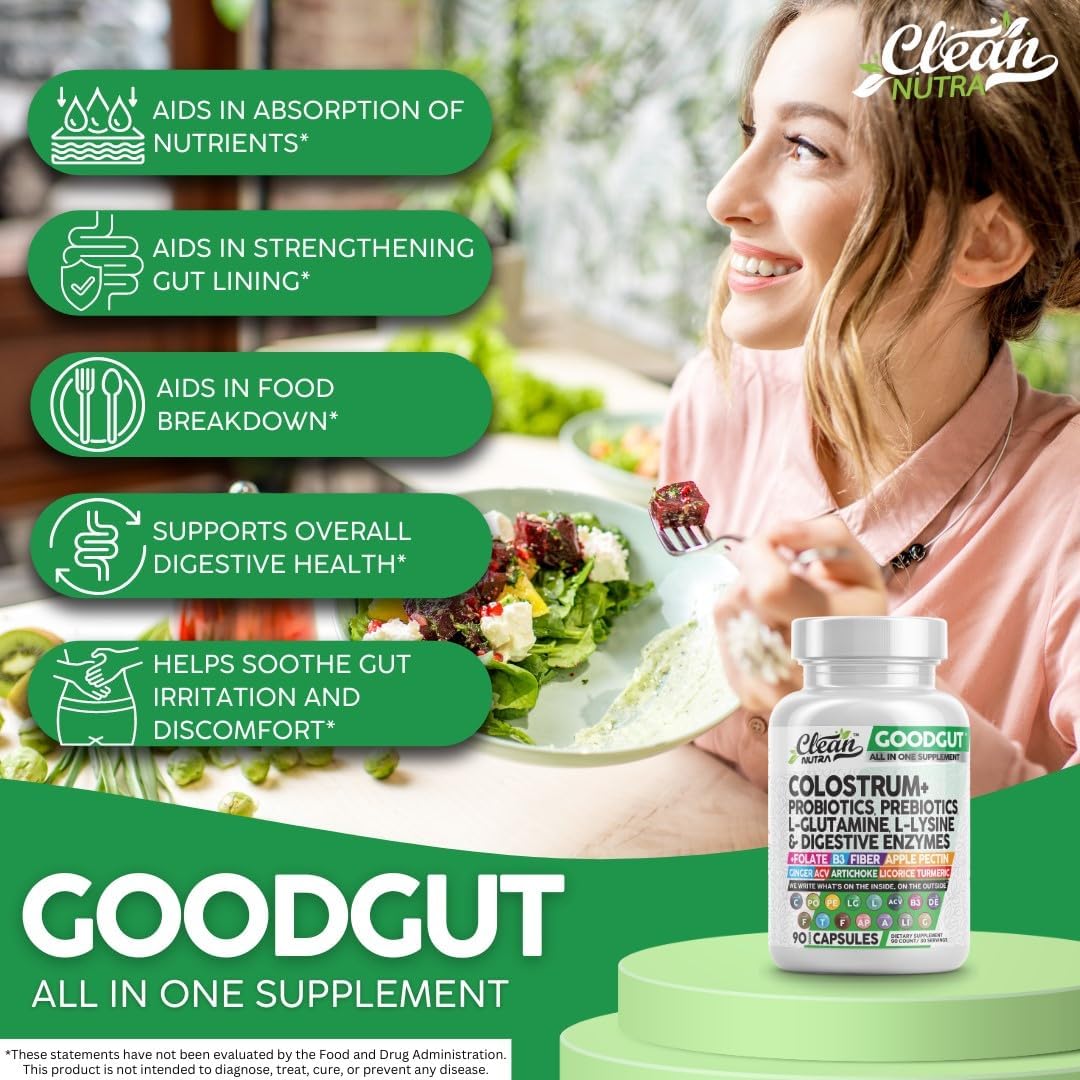 Clean Nutraceuticals Colostrum Supplement Capsules Probiotics Pills Prebiotics, L-Glutamine, Digestive Enzymes, Folate, Fiber, ACV, Turmeric, Apple Pectin and Turmeric Good Gut - Image 3