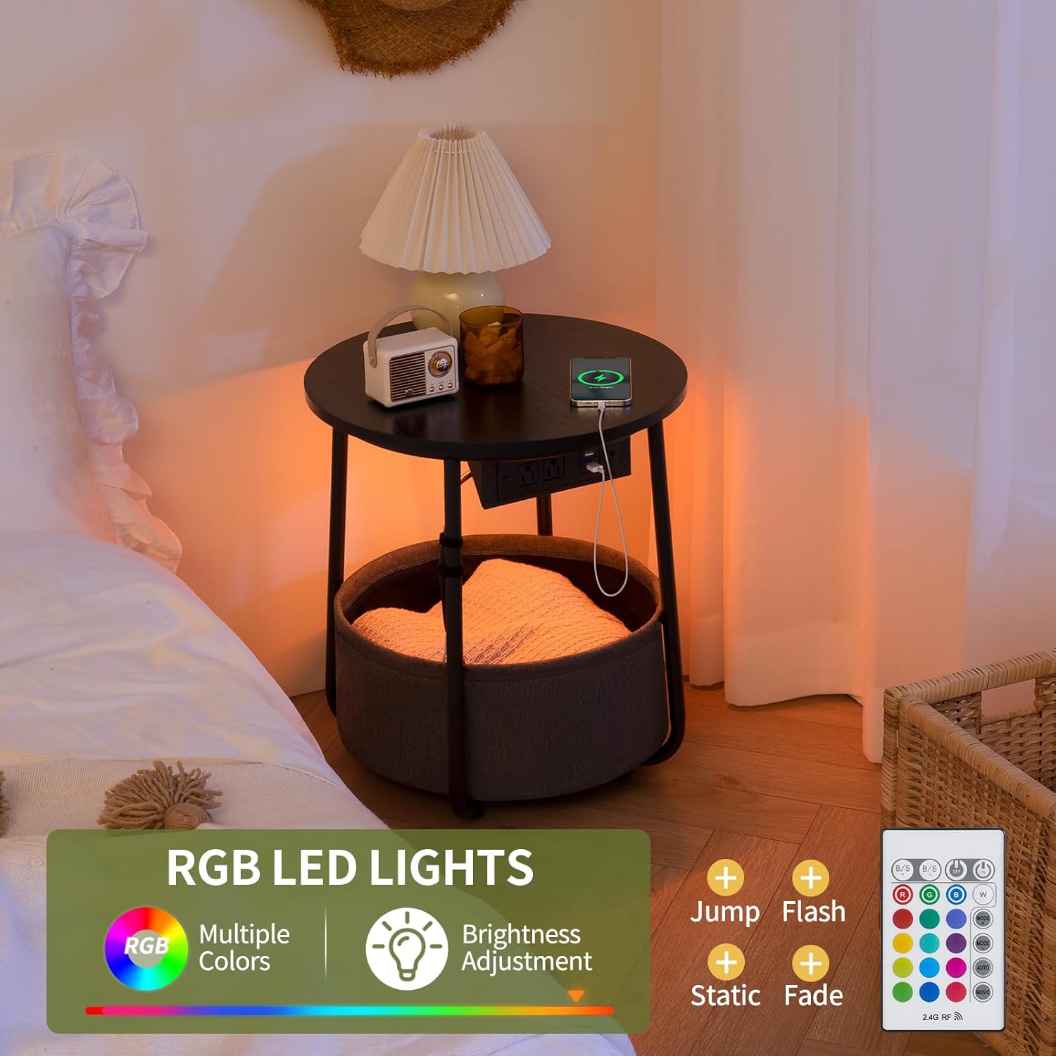 Yoobure Tree Bookshelf - 6 Shelf Retro Floor Standing Bookcase, Round Side Table, LED Night Stand with Charger Station - Image 8