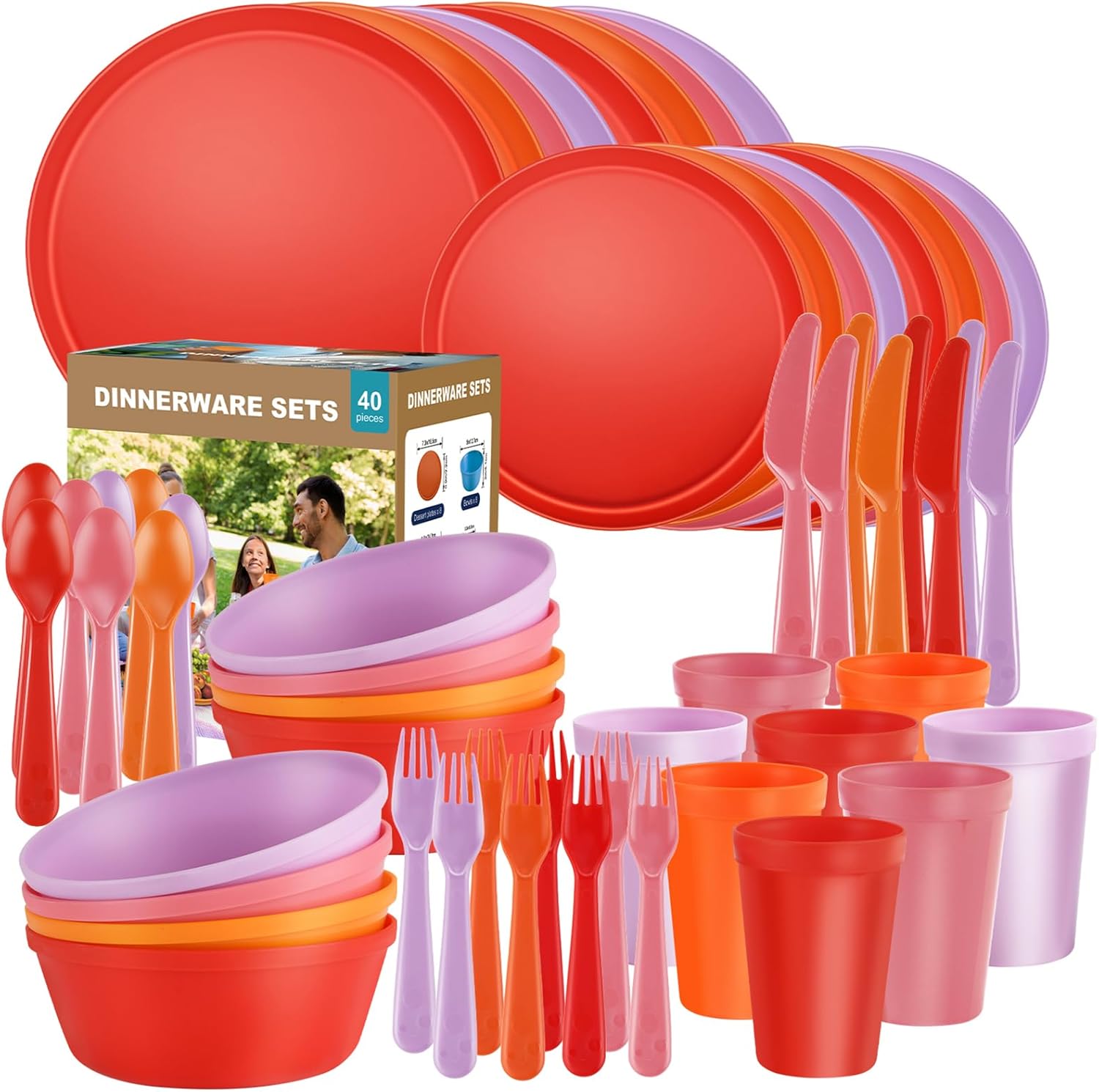 Boho Plastic Dinnerware Sets – 40-Piece Sunset Style Plates and Bowls Sets for 8, Reusable Unbreakable Dishes with Cups, Forks, Knives and Spoons, for Camping, Picnic or Everyday Use - Image 2