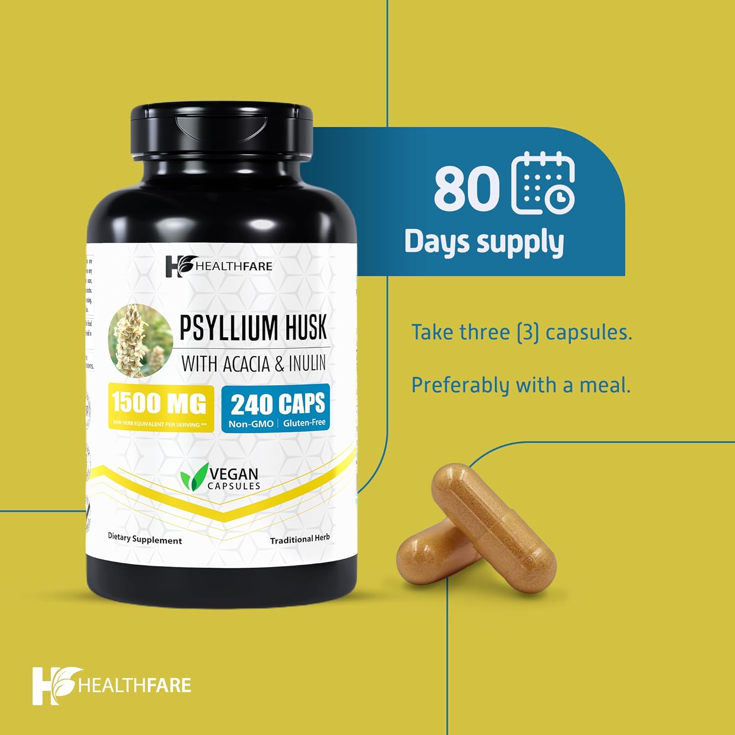 Psyllium Husk Capsules, 1500mg | 240 Veg Capsules | High Fiber Supplement | Gluten-Free | Non-GMO - Image 7