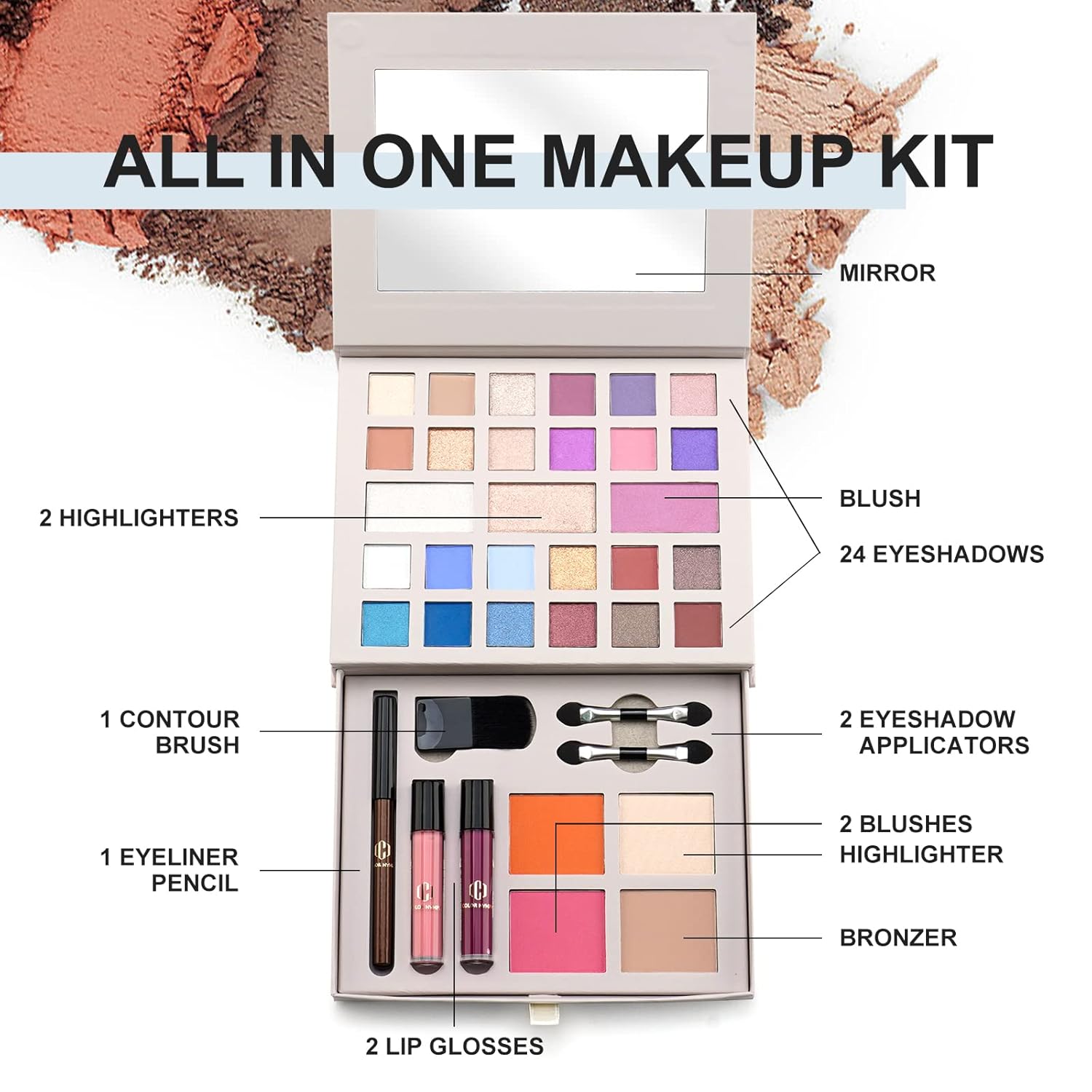 Color Nymph Makeup Kit for Women Full Kit Makeup Gift Set All in One Makeup Kit with 24 Colors of Eyeshadow, Makeup Brushes, Lip Glosses, Eyeliner Pencil, Mirror - Image 3