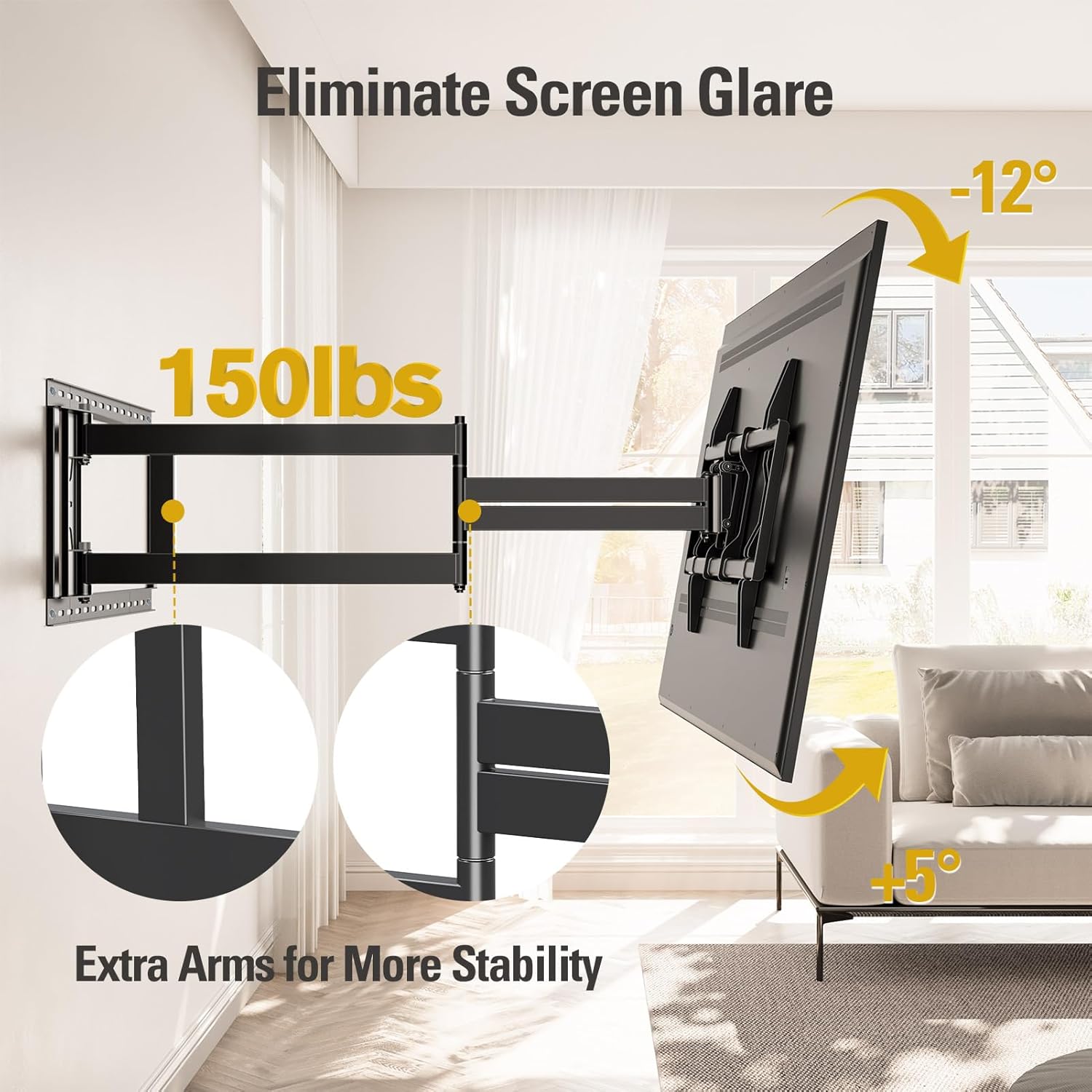 Mounting Dream Long Arm TV Wall Mount for Most 42-90 Inch TV, 40 Inch Extension TV Mount Swivel and Tilt, Full Motion Mount Fits Max VESA 800x400mm, 150 lbs. Loading, 16”,18”, 24” Studs - Image 6
