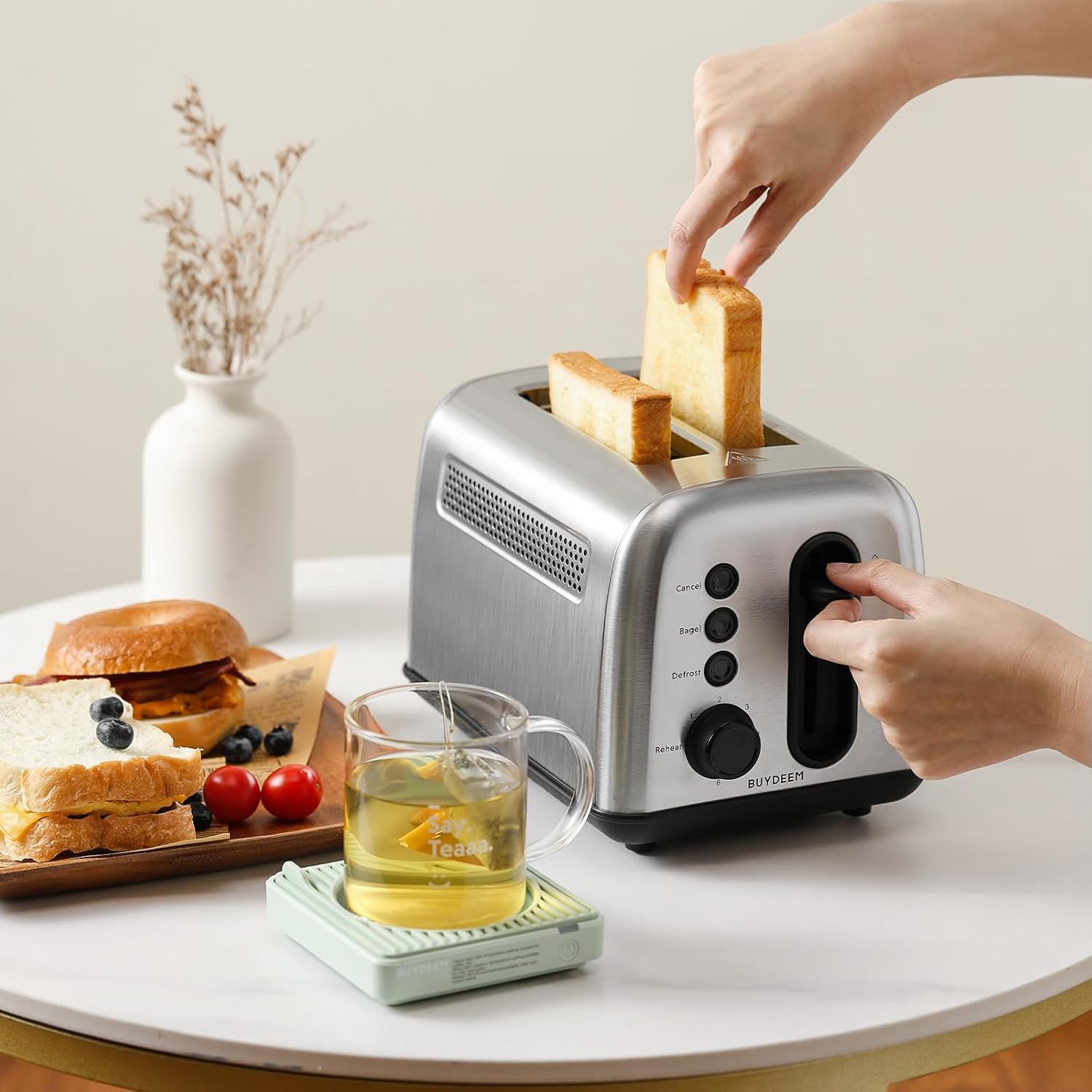 BUYDEEM DT420 2 Slice Toaster, Stainless Steel Toaster with Extra Wide Slots for Bagels, Muffins, High Lift Lever, 6 Shade Settings, Retro Sliver - Image 8
