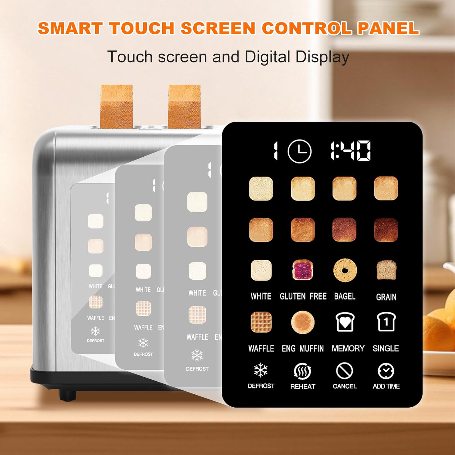 2 Slice Toaster Touch Screen, Stainless Steel Toasters Digital Timer 2 Slot Toasters, 8 Shade Settings 6 Bread Types for Bagel, Cancel, Defrost(Stainless Steel) - Image 4