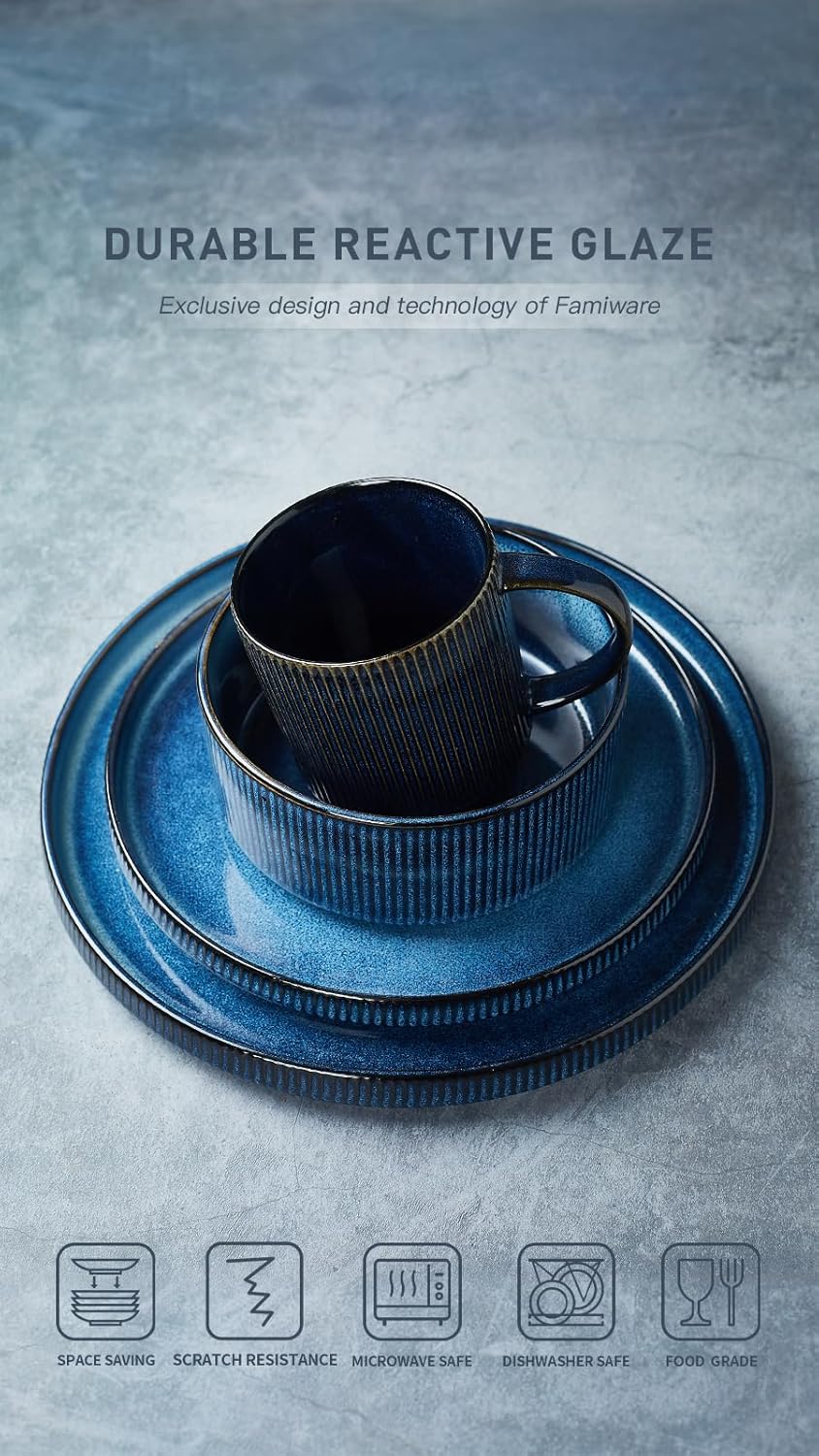 Famiware Star Dinnerware Set with Plates, Bowls and Mugs, Service for 4 (16-Piece), Stoneware Kitchen Dishes Dinner Plates - Nebulas Blue - Image 3