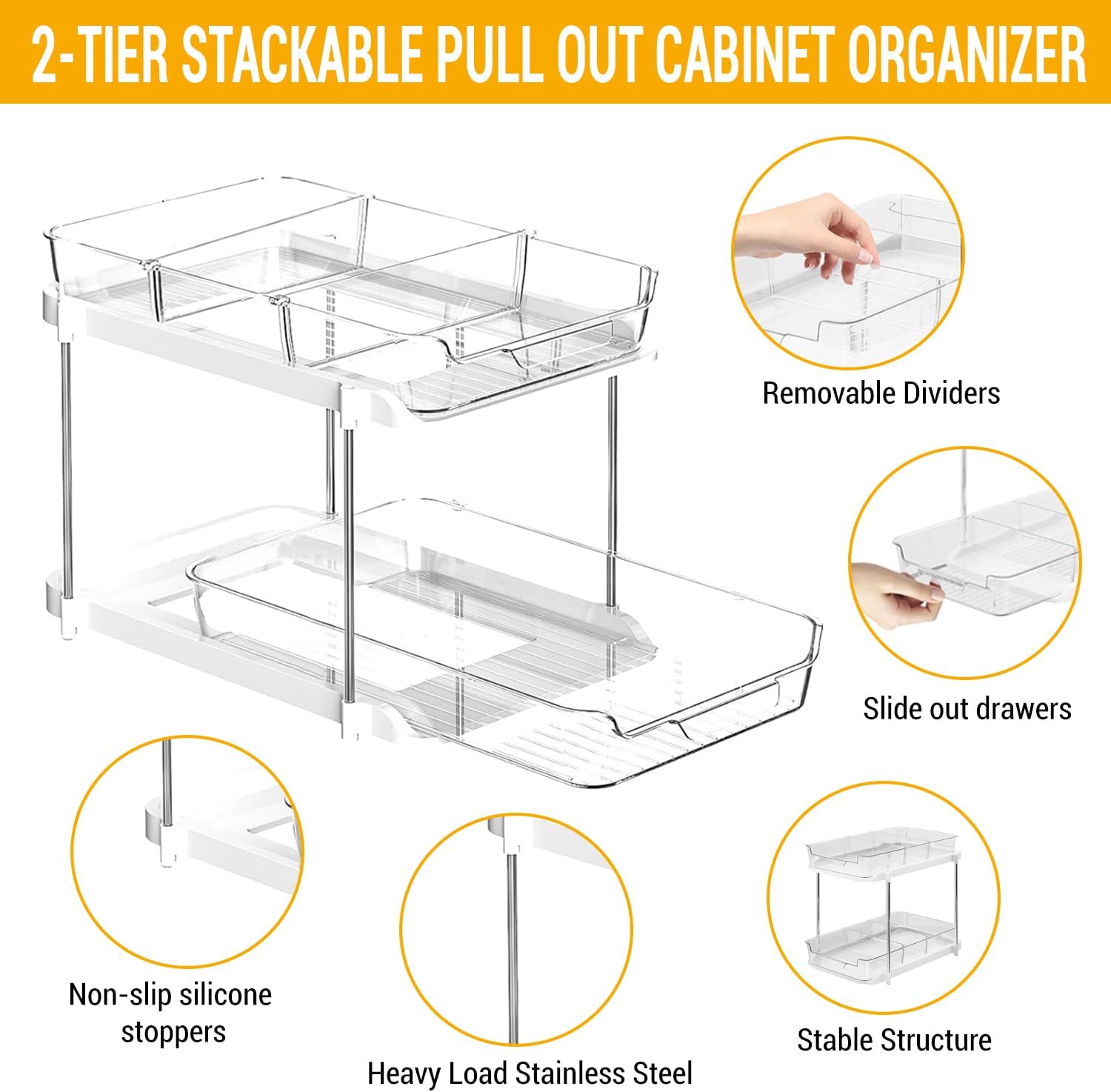 Under Sink Organizer – With Multipurpose Holder, 2 Sets of 2 Tiers Multi Purpose Under Sink Organizers And Storage With Dividers Stackable For Kitchen And Bathroom - Image 5