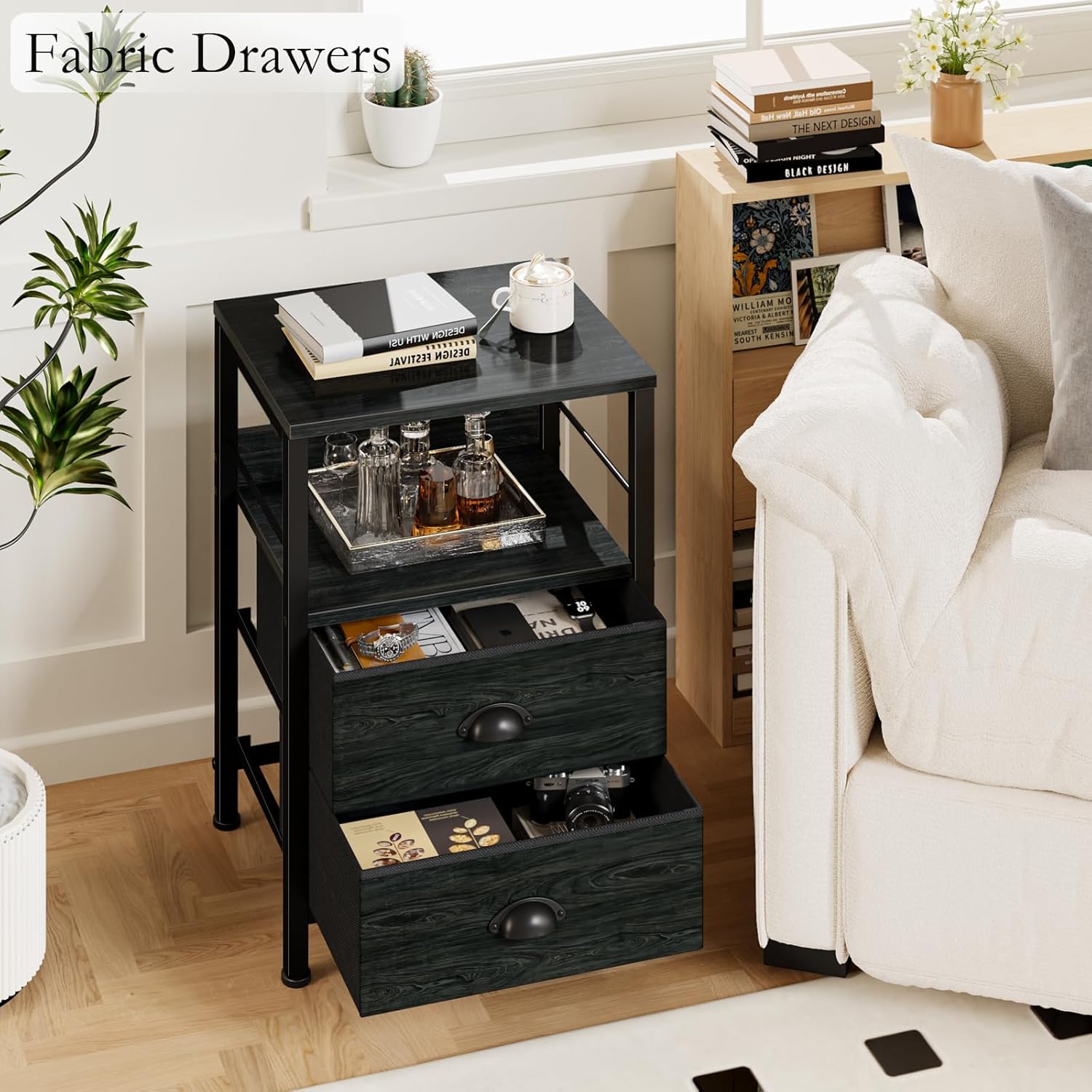 Furologee Nightstands Set 2, End Tables with 2 Fabric Drawers, Bedside Tables with Hooks and Shelf, for Bedroom/Living Room/Study/Black Oak - Image 3