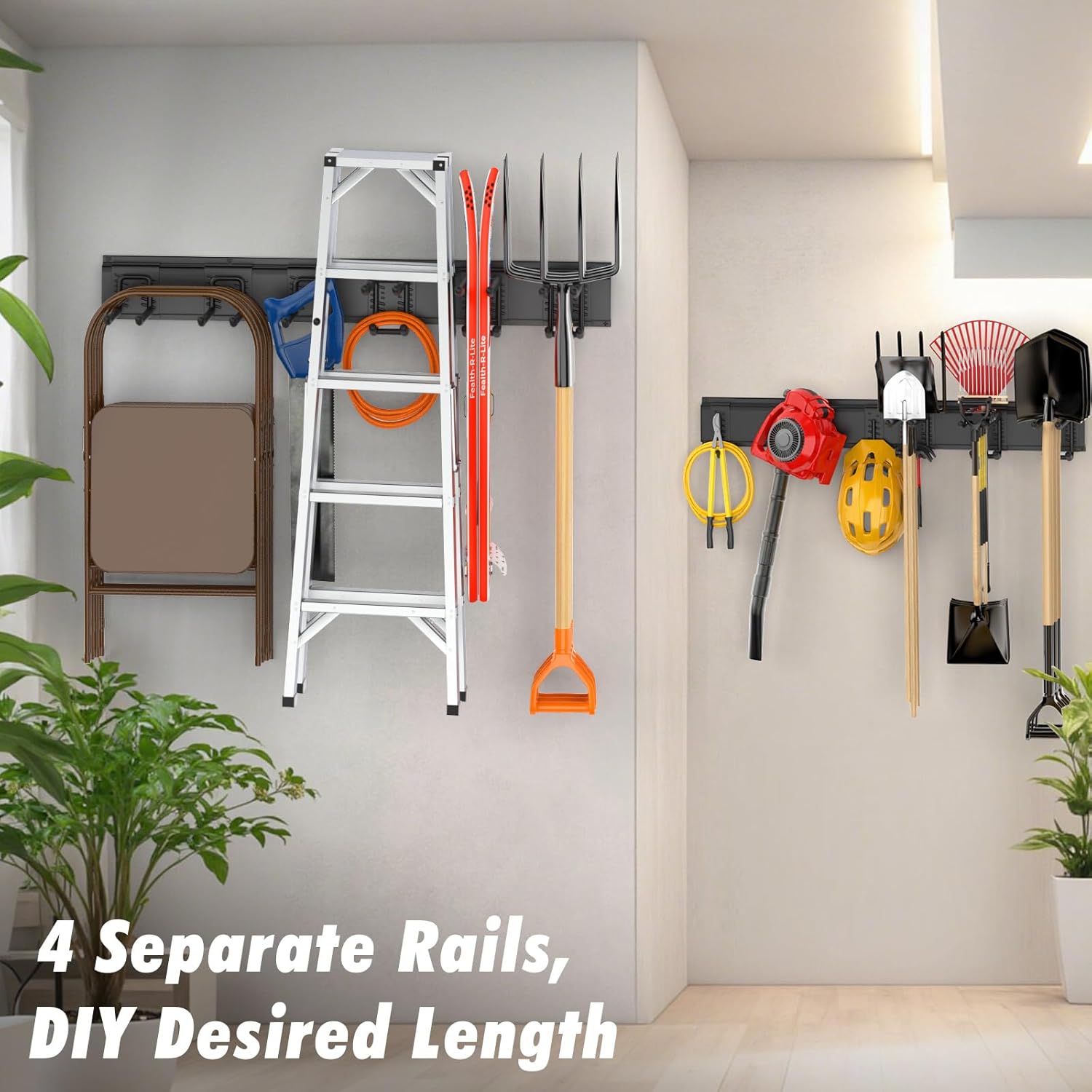 Heavy Duty Garden Tool Organizer 64 Inch - 18Pack Carries 570 lbs, Garage Tool Organizer Storage System, 4 Rails with 12 Adjustable Hooks, Tool Holder Wall Mount for Warehouse, Workshop - Image 3