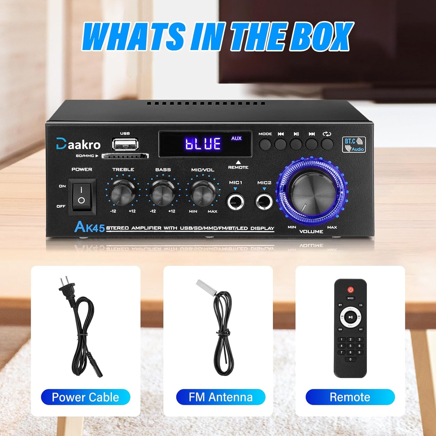 AK45 Stereo Audio Amplifier,300W Home 2 Channel Wireless Bluetooth 5.0 Power Amplifier System, Home Amplifiers FM Radio, USB, SD Card, with Remote Control Home Theater Audio Stereo System - Image 9