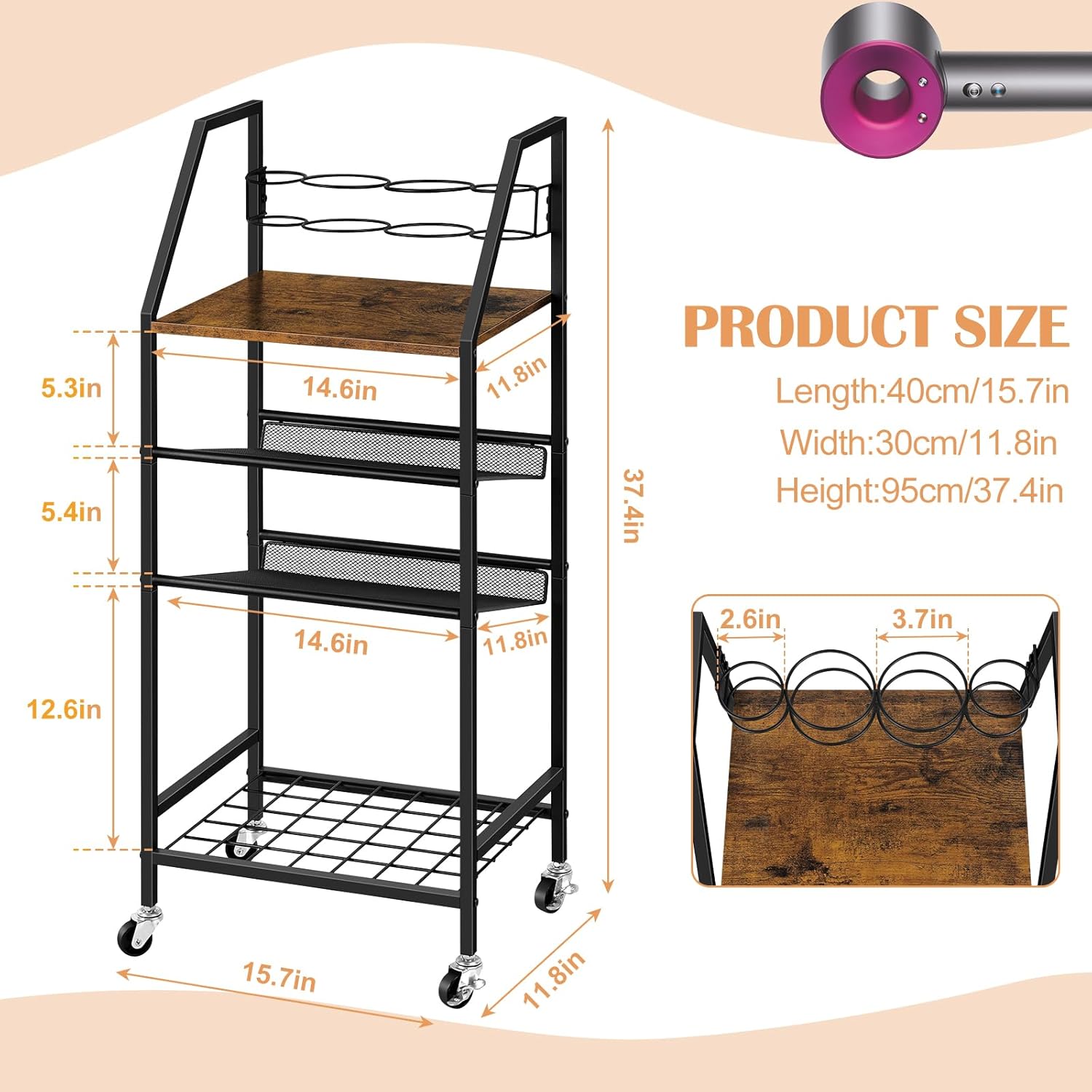 4-Tier Towel Rack Free Standing with Hair Tool Organizer, Durable Metal Bath Towel Holder for Bathroom, Pool Towel Rack, Space-Saving Storage Organizer, Bath Towel Shelf with Wheels, Rustic Brown - Image 4