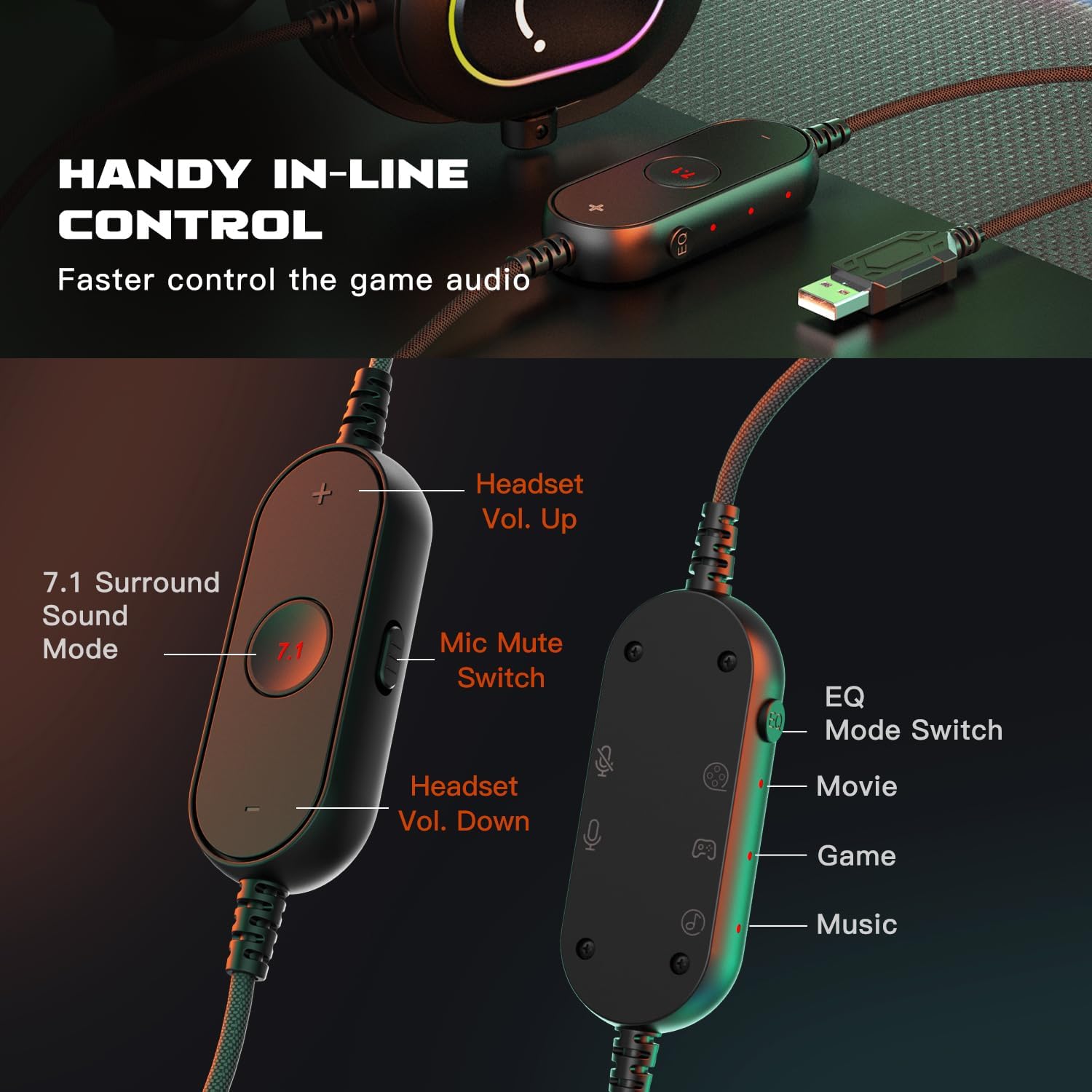 FIFINE Gaming Headset for PC-Wired Headphones with Microphone-7.1 Surround Sound Computer USB Headset for Laptop, Streaming Headphones on PS4/PS5, with EQ Mode, RGB, Soft Ear Pads - AmpliGame H6 - Image 4