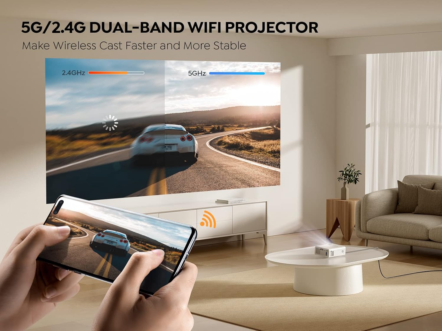 Mini Projector with WiFi and Bluetooth 5.1, 9500L Portable Movie Projector 1080P and 4K Supported, YABER V5 2023 Updated Mini Home Theater Projector with Tripod and Bag for Phone/PC/TV Stick-White - Image 4