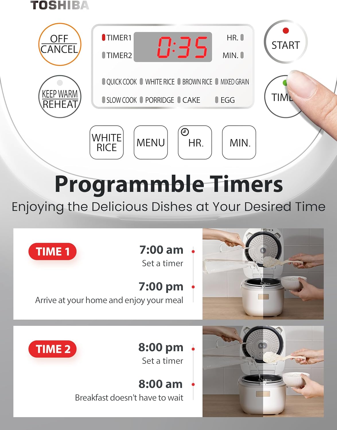 Toshiba Mini Rice Cooker, 3 Cups Uncooked Small Rice Cooker, Steamer & Warmer, With Fuzzy Logic And One-Touch Cooking, 24 Hour Delay Timer And Auto Keep Warm Feature, White - Image 7