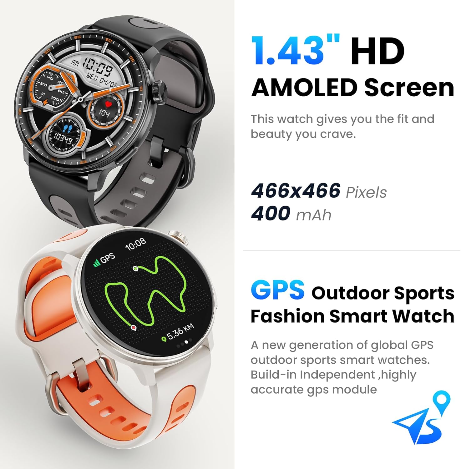 Smart Watch for Men Women GPS, 1.43'' AMOLED Smartwatch with Compass/Barometer/Altimeter 100+ Sports Fitness Tracker with Health Monitor for Android iOS 3ATM Waterproof Answer/Make Call - Image 3