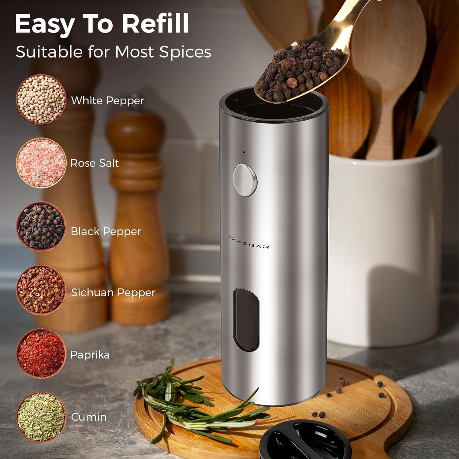 Electric Salt and Pepper Grinder Set, 110ML Capacity Rechargeable Automatic Pepper Grinder with Charging Base, 6 Adjustable Coarseness, Refillable Grinder with LED Light, Ideal for Home Cook, Sliver - Image 8