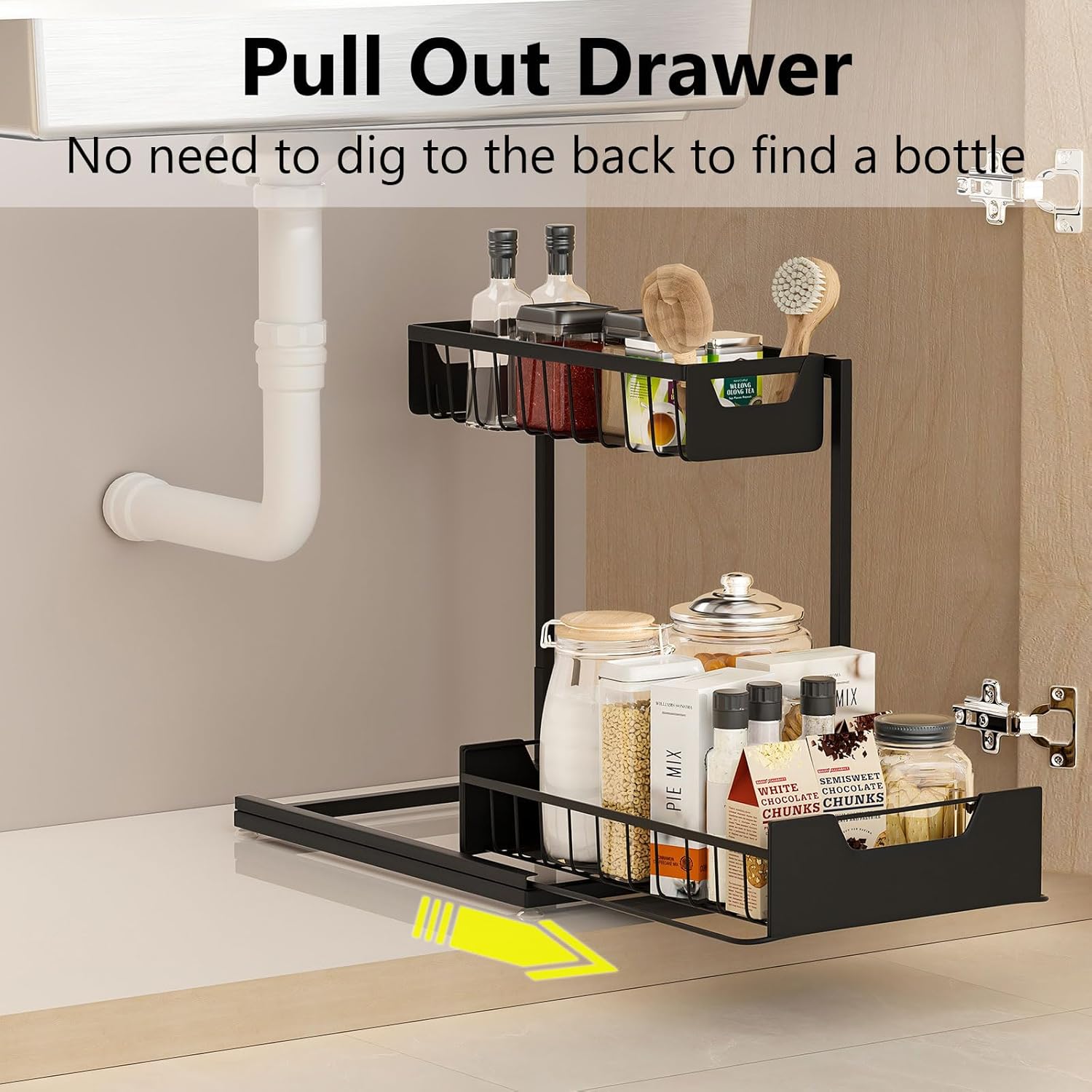 Under Kitchen Sink Organizers and Storage Pull Out 2 Tier Metal Bathroom Cabinet Organizer (Black, 1 Pack) - Image 4