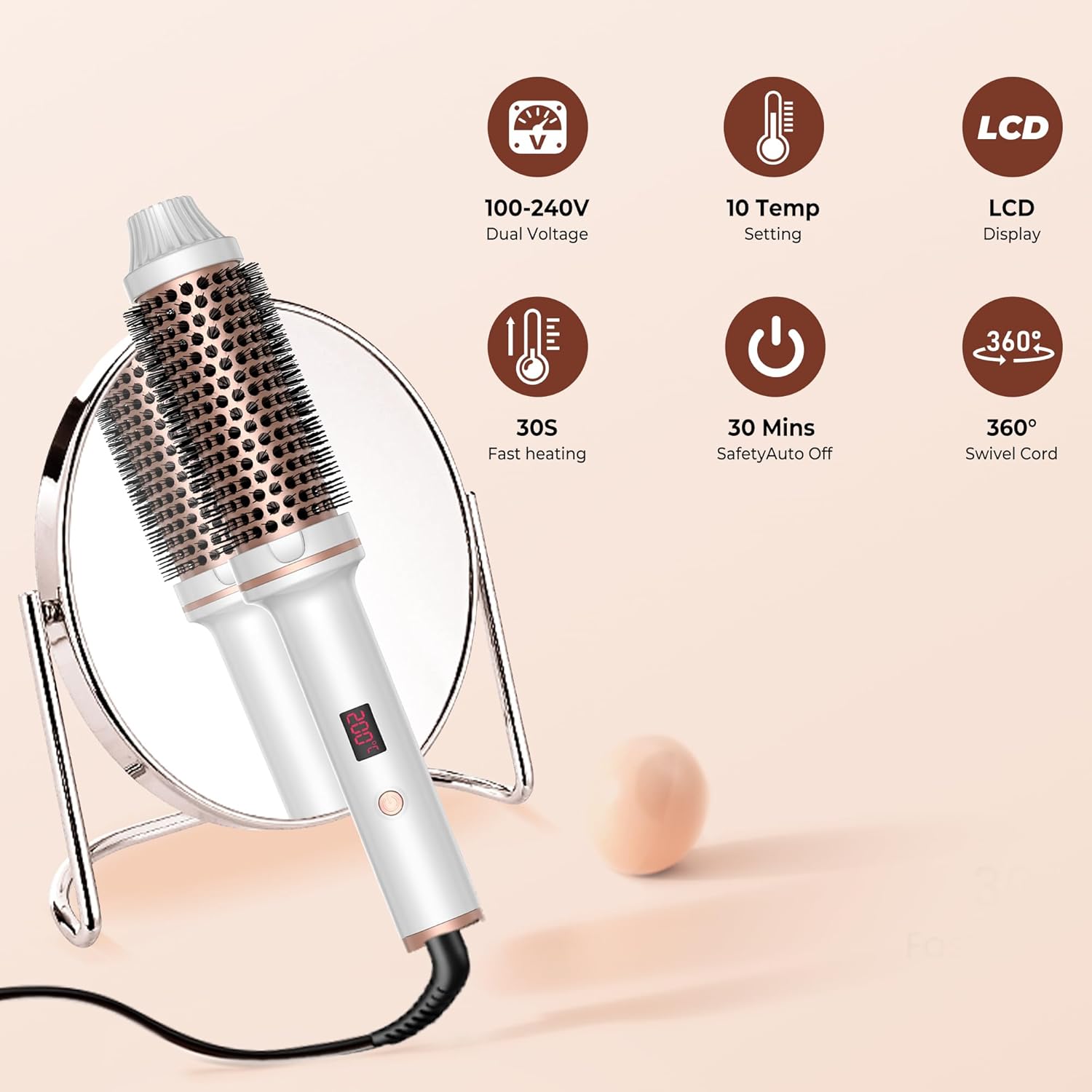 Thermal Brush,10 Temperatures LCD Display Upgrade to 400°F 1.5 in Heated Round Brush Curling Iron Heated Ceramic Tourmaline Ionic Comb 110-240V Volum - Image 7