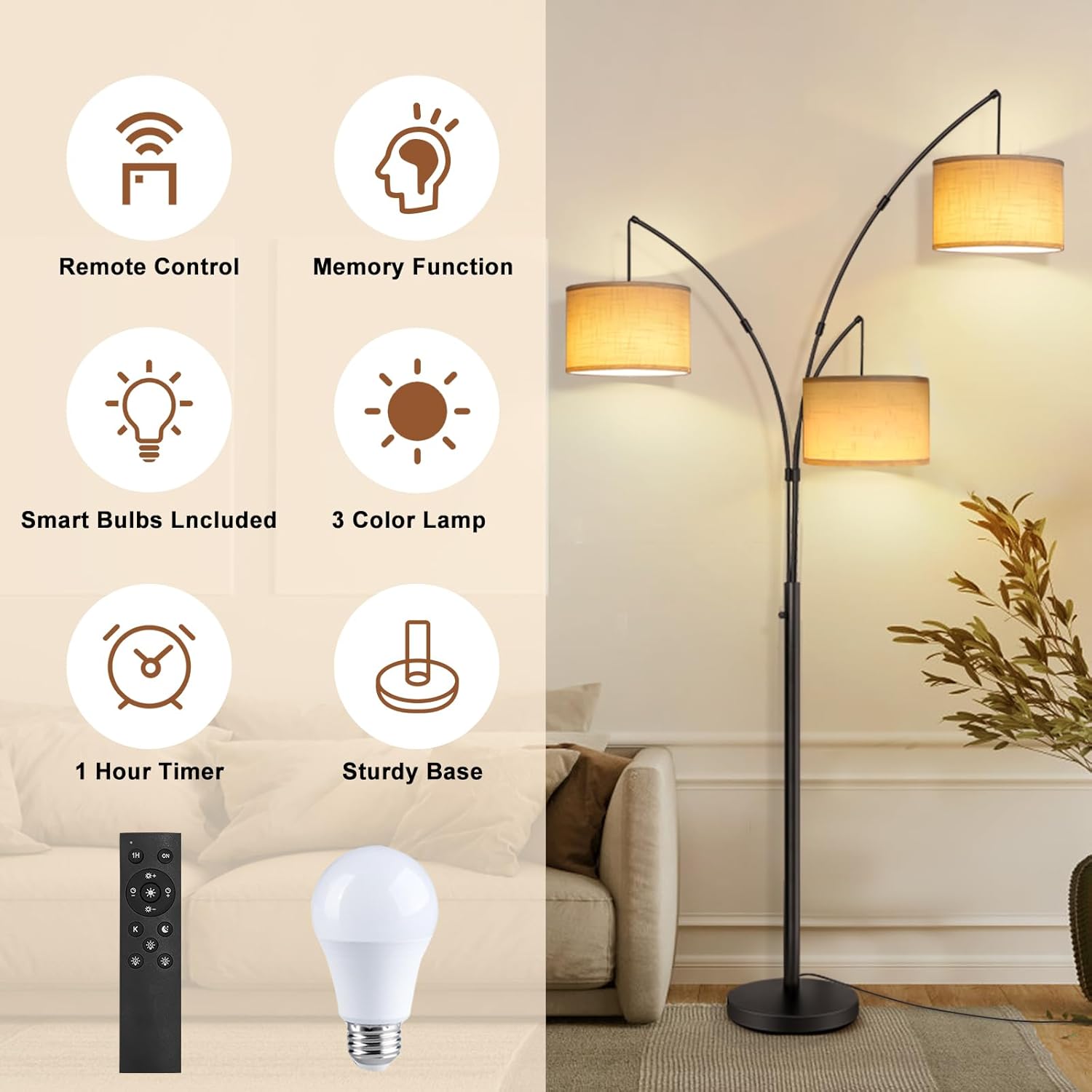 Netin Arc Floor Lamp with Remote, 3 Light Floor Lamp for Living Room Bright Lighting, 3 Color Temperature, Dimmable Tall Standing Lamp, Mid Century Tree Floor Lamp for Bedroom Office - Image 6