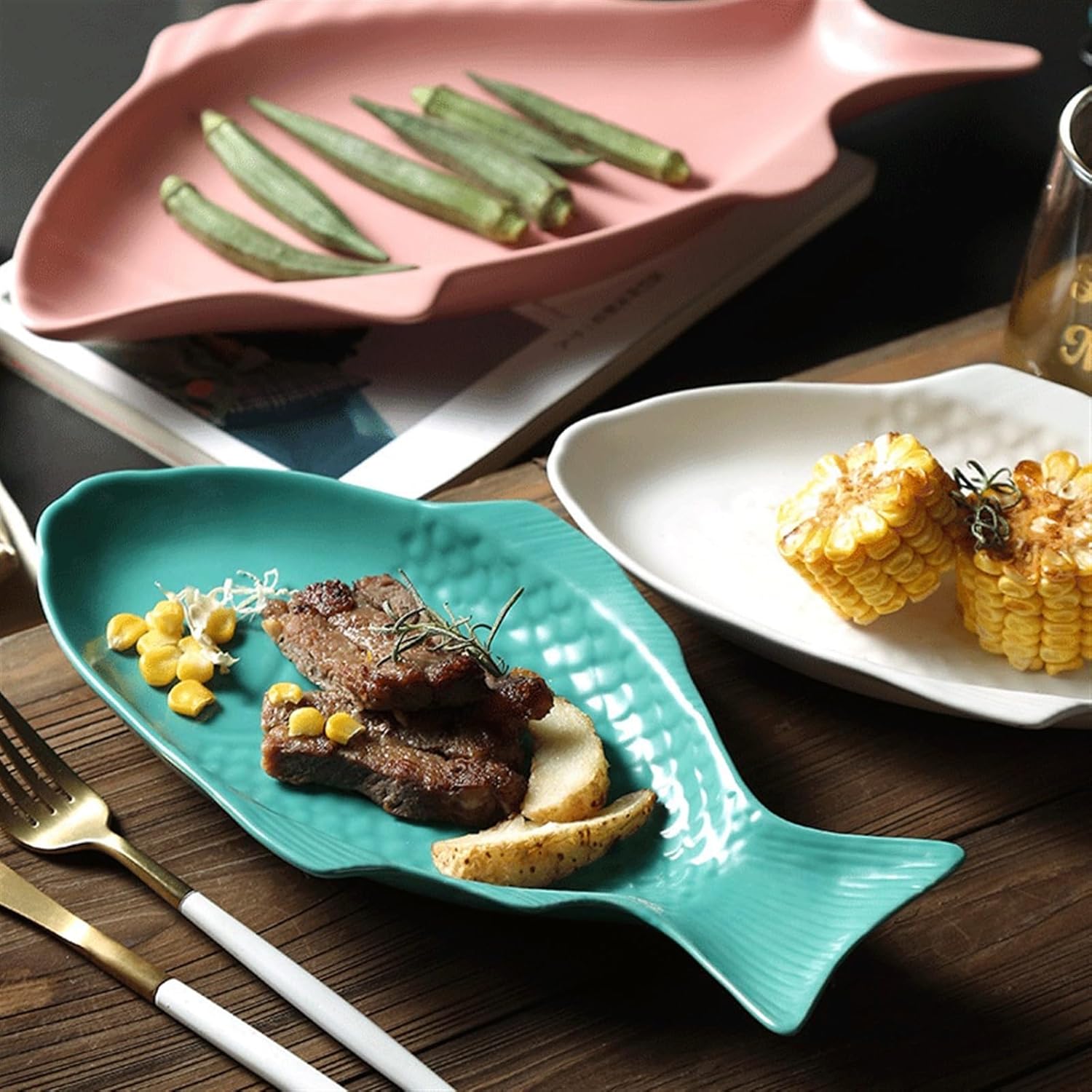 Dinner plate, Irregular Fish Shape Ceramic Plate Rectangular Steamed Fish Plate Ceramic Dinner Plate Family Dining Plate For Hotel Restaurant,Dinnerware(Black) - Image 5