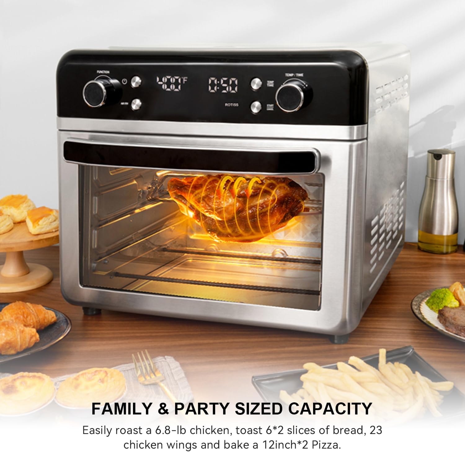 27.5 QT Air Fryer Toaster Oven, 12-in-1 Combo Countertop Convection Oven, with six additional accessories for enhanced usability along with a recipe book, Chrome - Image 3