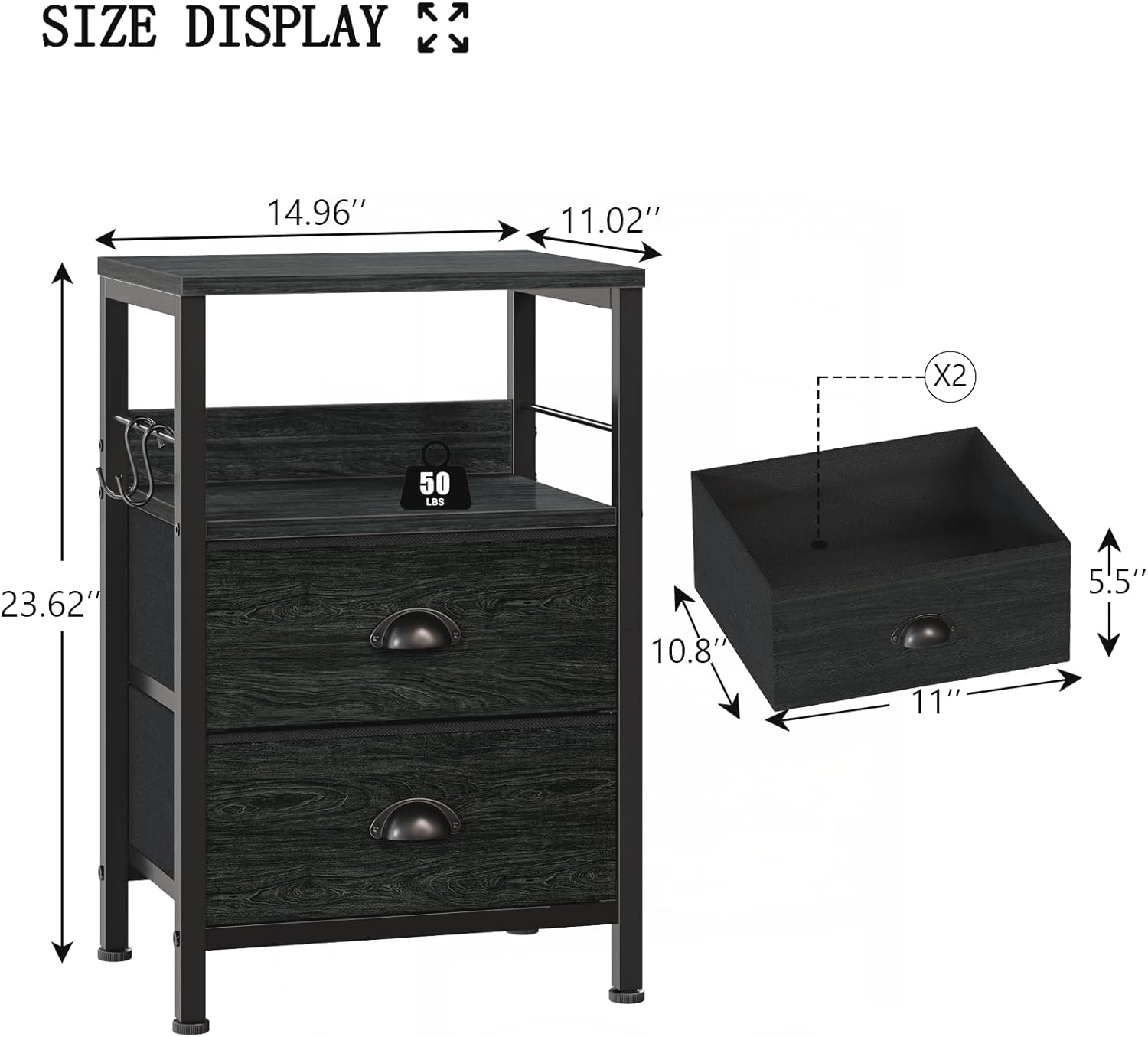 Furologee Nightstands Set 2, End Tables with 2 Fabric Drawers, Bedside Tables with Hooks and Shelf, for Bedroom/Living Room/Study/Black Oak - Image 4